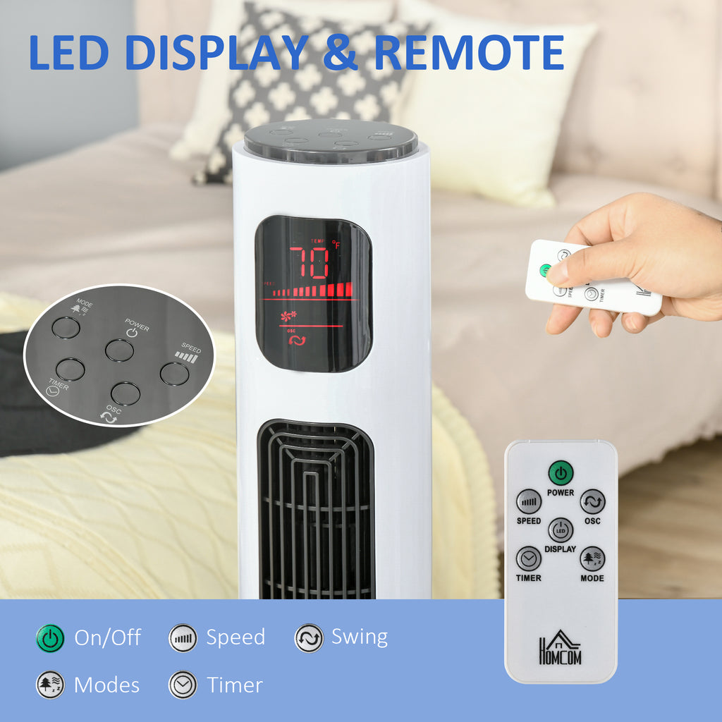 Freestanding Tower Fan Cooling for Home Bedroom with Oscillating, 3 Speed, 12h Timer, LED Sensor Panel, Remote Controller, White