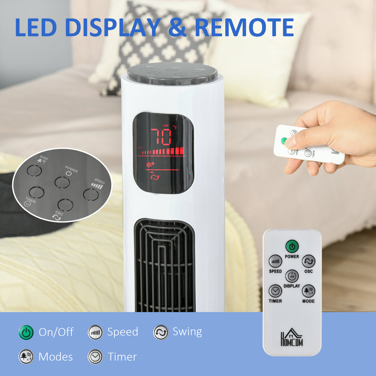 Freestanding Tower Fan Cooling for Home Bedroom with Oscillating, 3 Speed, 12h Timer, LED Sensor Panel, Remote Controller, White