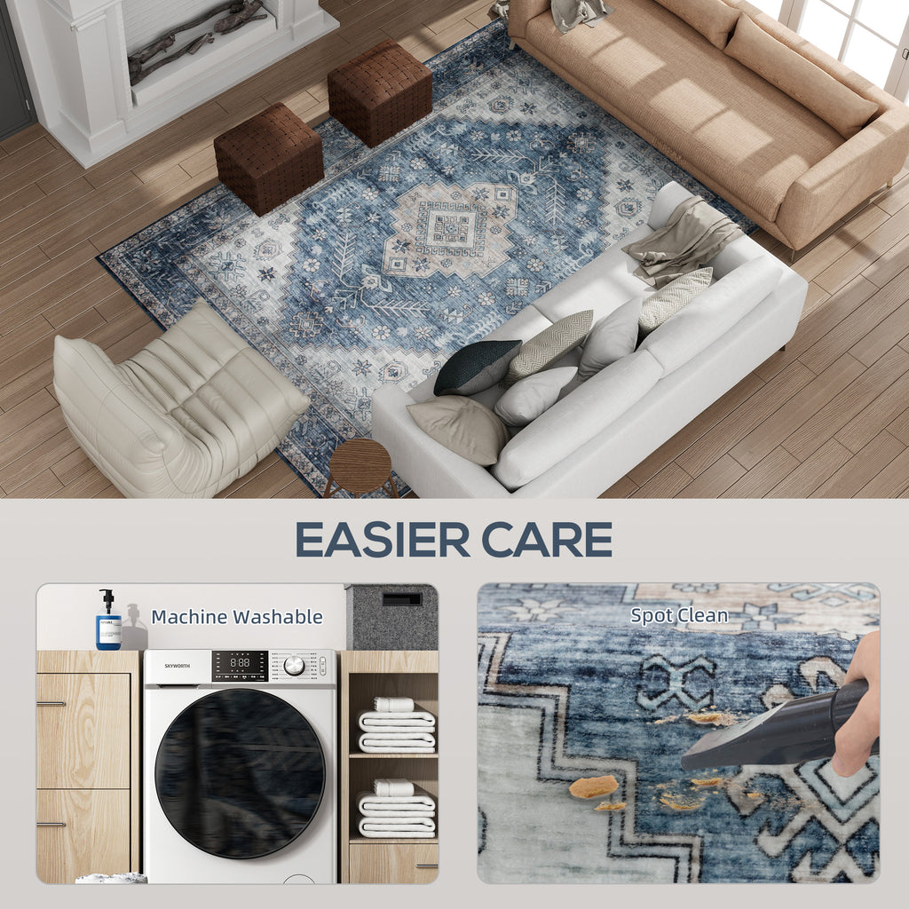 6x9 Area Rug, Vintage Machine Washable Rug, Non-Slip Floor Carpet for Living Room, Bedroom, Dining Room, Blue