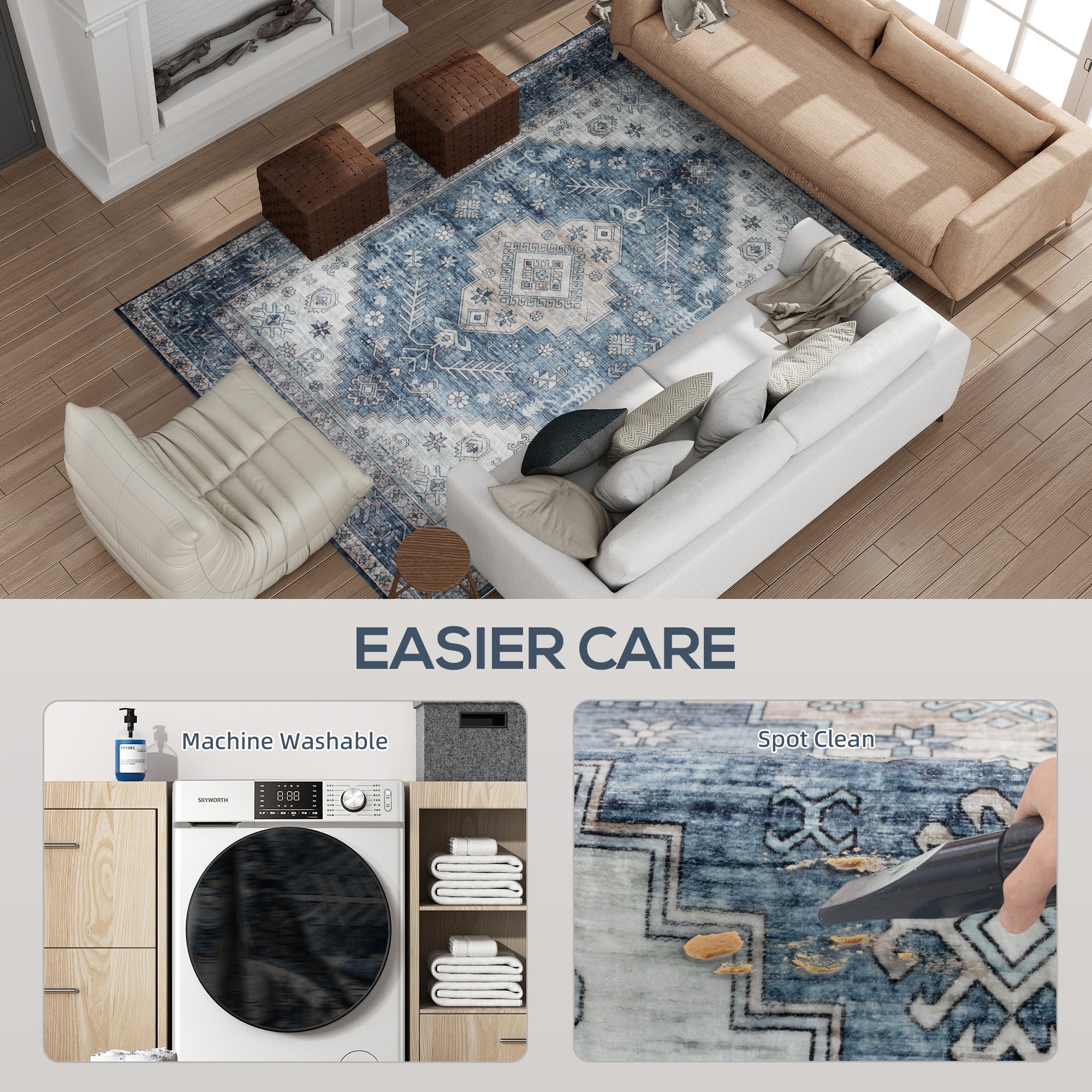 6x9 Area Rug, Vintage Machine Washable Rug, Non-Slip Floor Carpet for Living Room, Bedroom, Dining Room, Blue