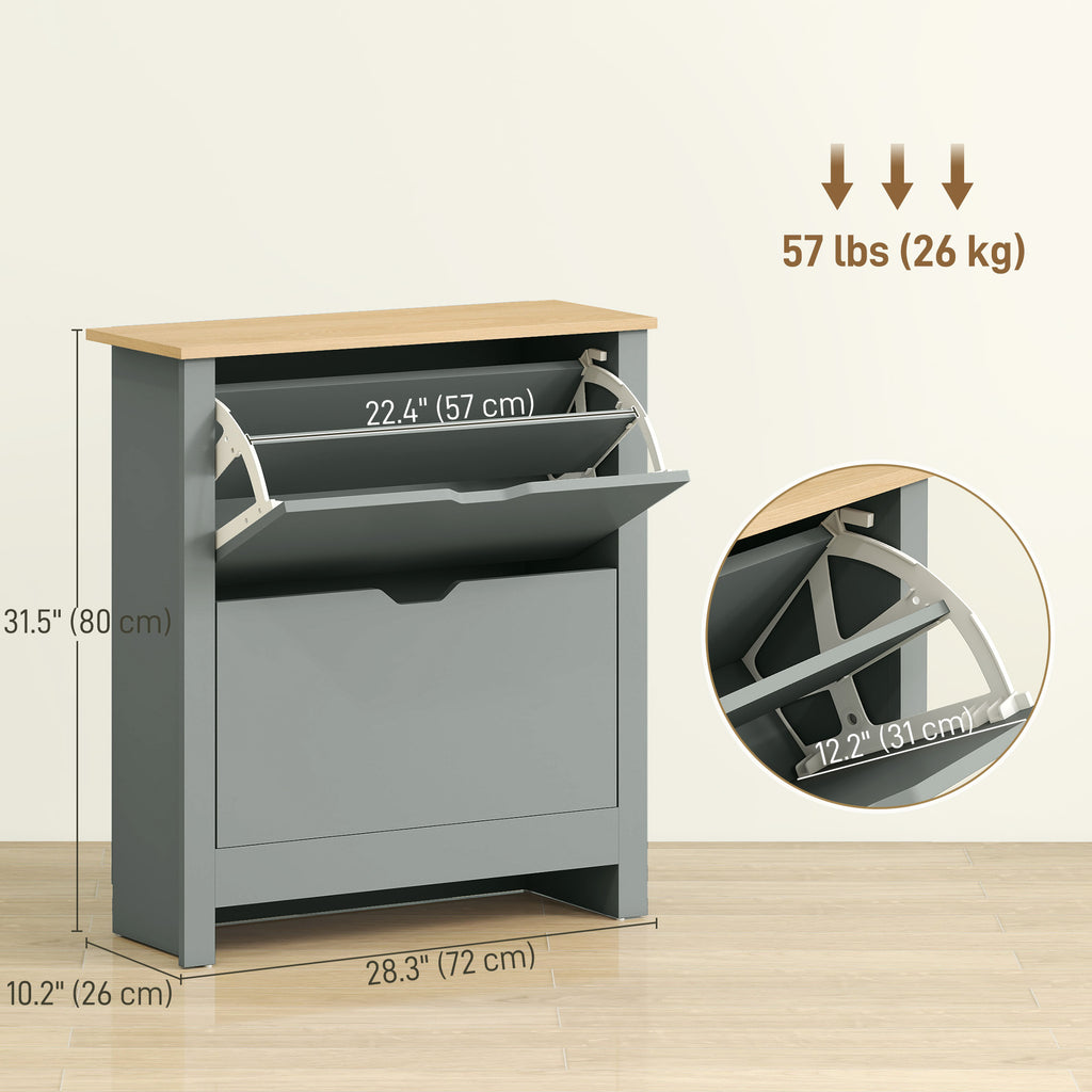 خزانة أحذية بدرجين قلاب ورفوف قابلة للتعديل تتسع لـ 8-12 زوجًا من الأحذية، رمادي فاتح