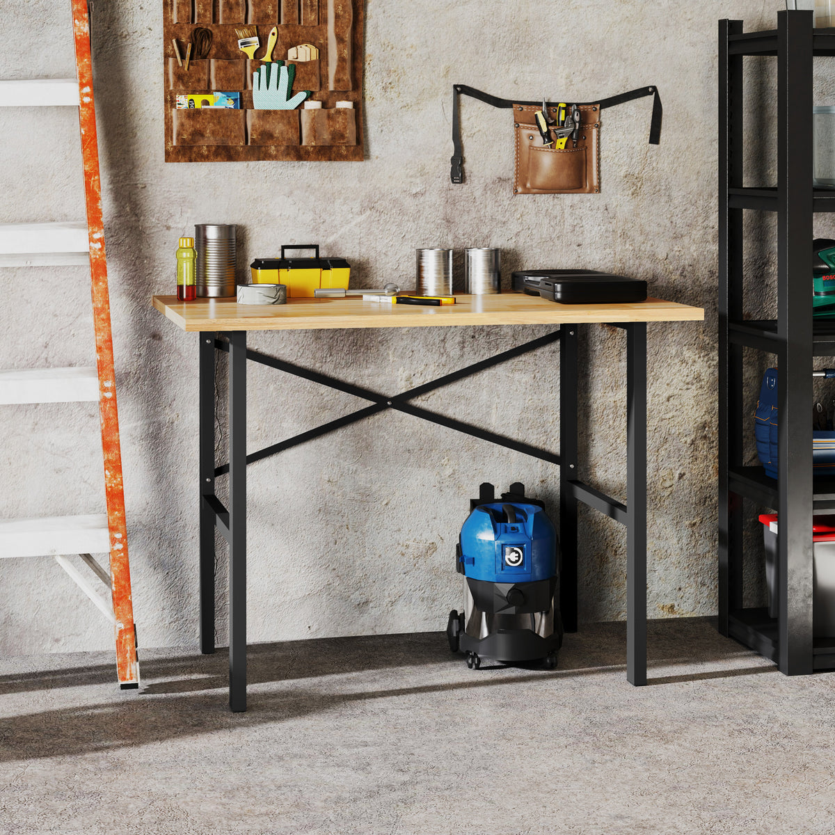 46" Work bench Table Oak Wood Top, Heavy-Duty Steel Work Table High Stability Workstation, Natural Wood