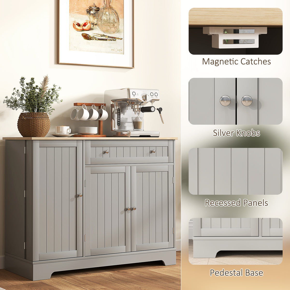 Modern Sideboard Cabinet, 41" Kitchen Buffet Cabinet with Drawer, Adjustable Shelf, 3 Doors for Dining Room, Grey