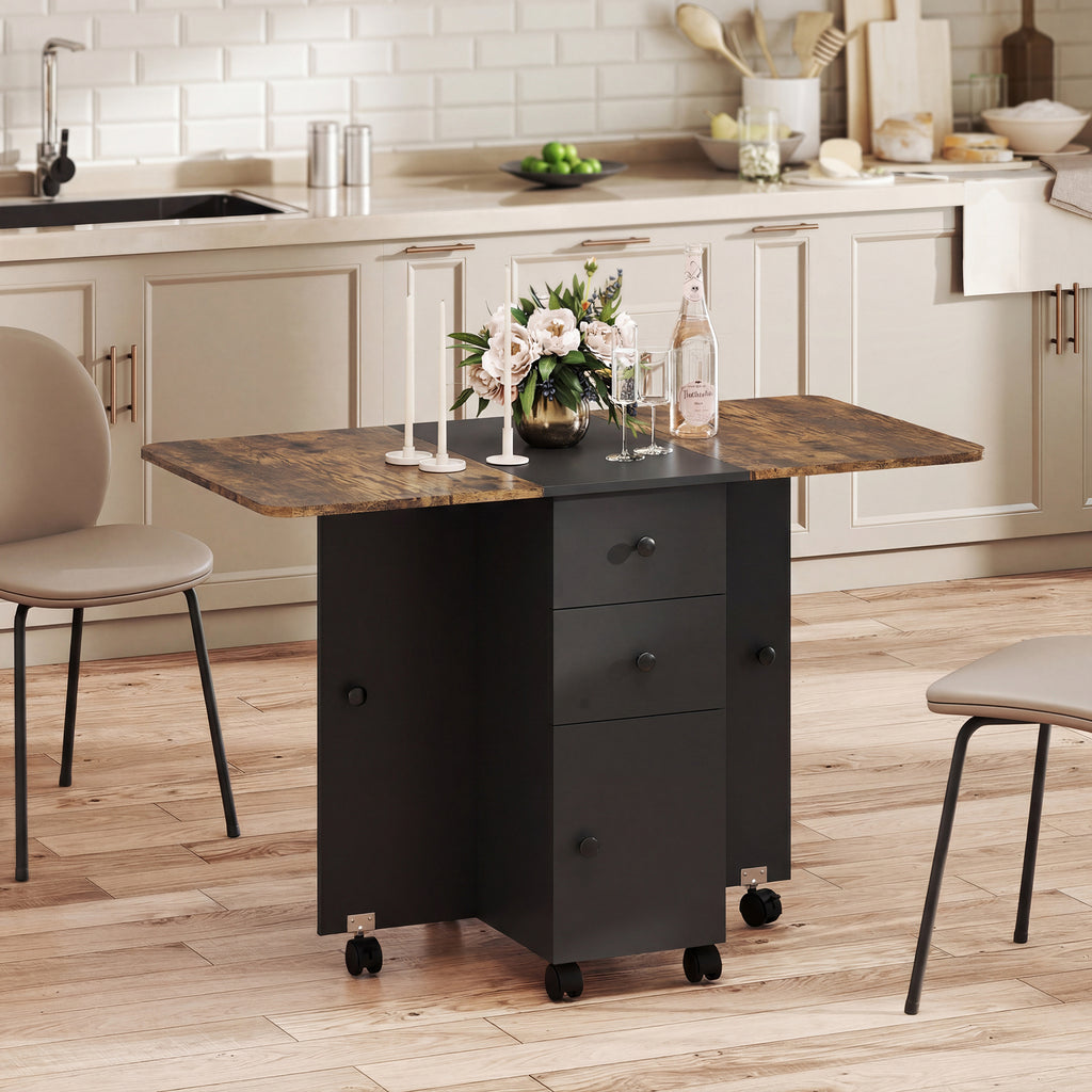 Drop Leaf Dining Table, Mobile Folding Table on Wheels with Drawers and Cabinet for Dining Room, Rustic Brown and Black