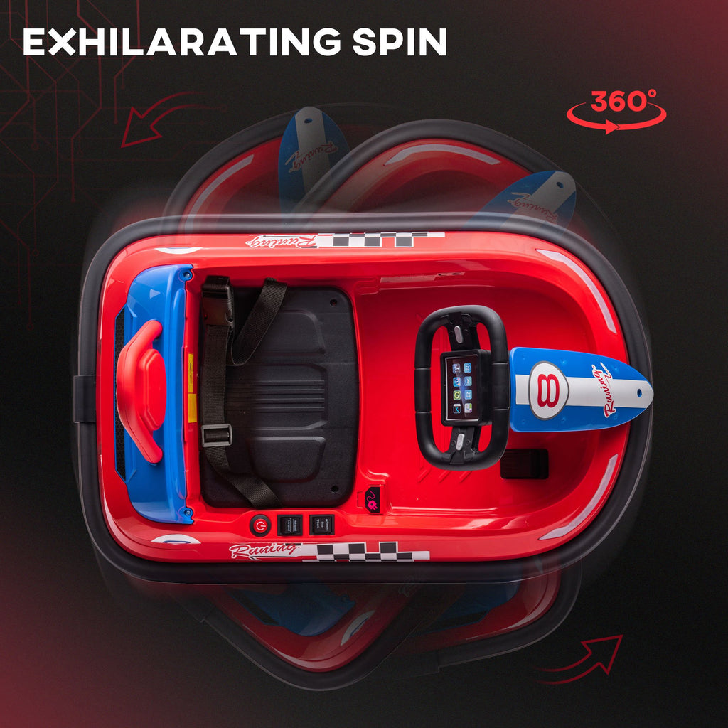 Aosom Kids Bumper Car, 6V 360° Rotation Electric Ride on Car, Twin Motors Battery Powered Toy with Music, Horn and Lights, Safety Belt, for Boys and Girls Aged 18-48 Months - Red