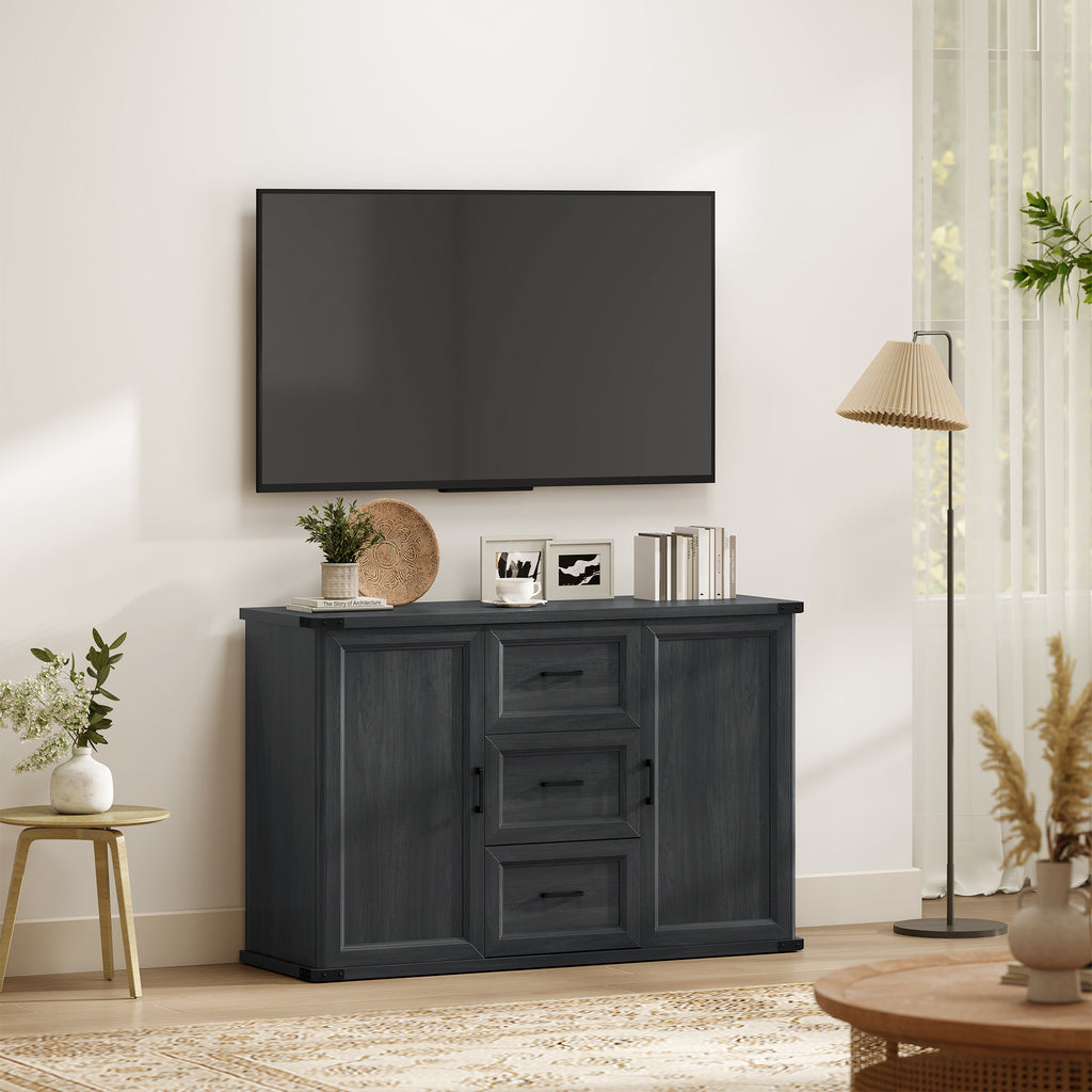Sideboard with 3 Drawers and 2 Doors, 47" Buffet Cabinet with Adjustable Shelves for Kitchen, Black Wood Grain