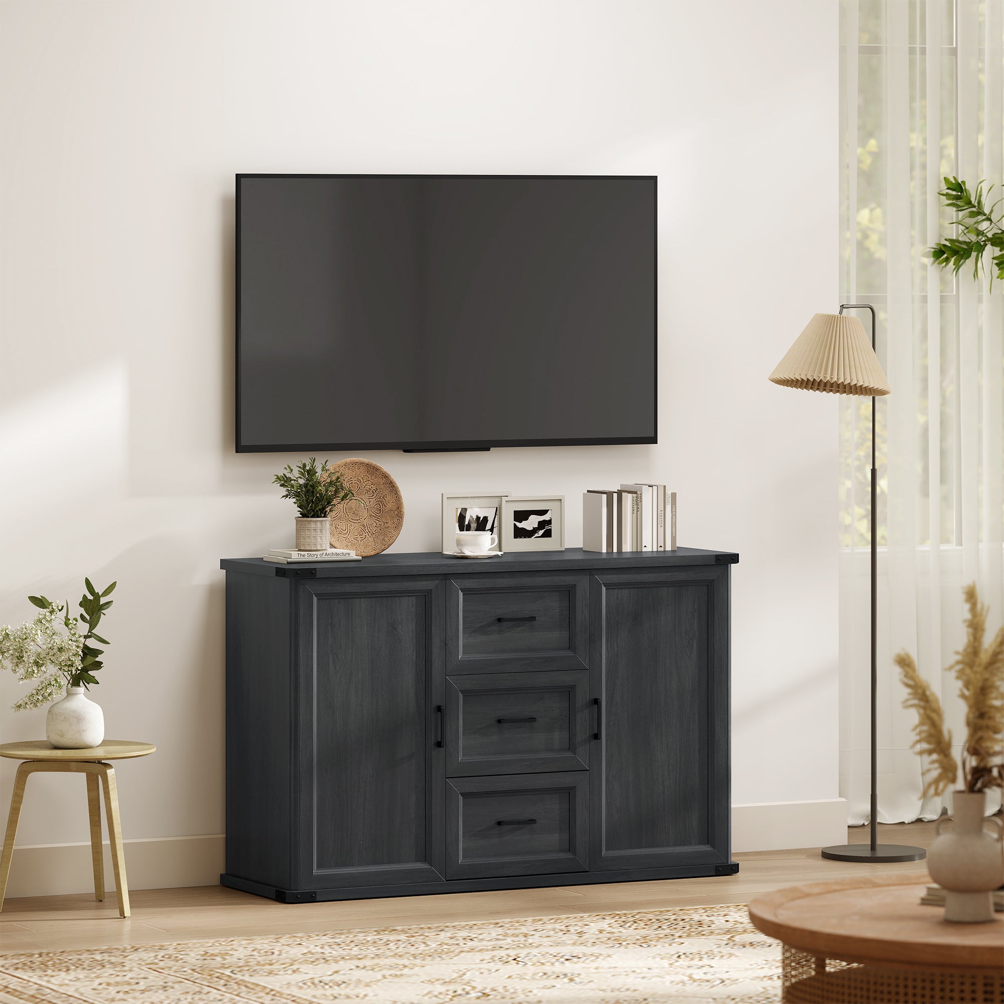 Sideboard with 3 Drawers and 2 Doors, 47" Buffet Cabinet with Adjustable Shelves for Kitchen, Black Wood Grain