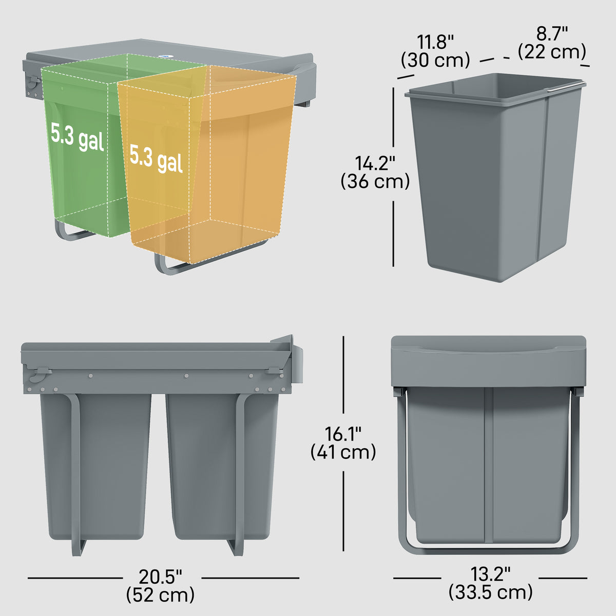 Pull Out Trash Can Under Cabinet, 10.6 Gallon (40L) Slide Out Garbage Can with 3 Removable Compartments, Grey
