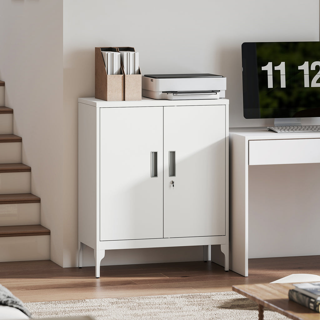 Office Storage Cabinet with Lock, Filing Cabinet with Adjustable Shelves and Doors for Home Office, Garage, White