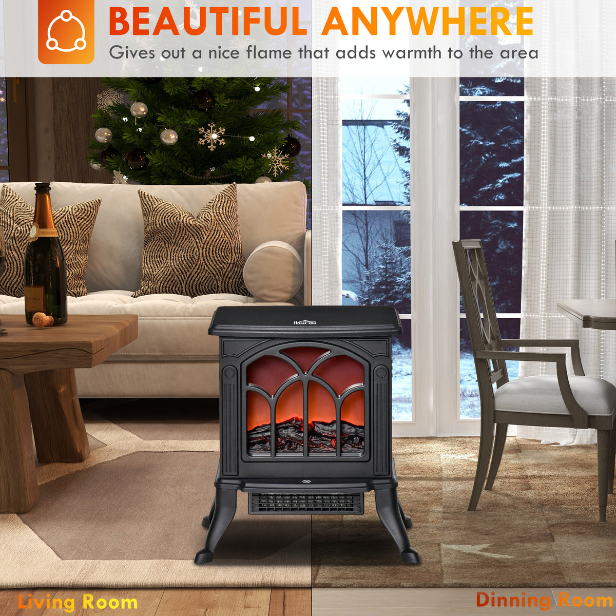 Electric Fireplace Heater, Freestanding Fireplace Stove with Realistic Flame, Overheat Protection, 750W/1500W, White