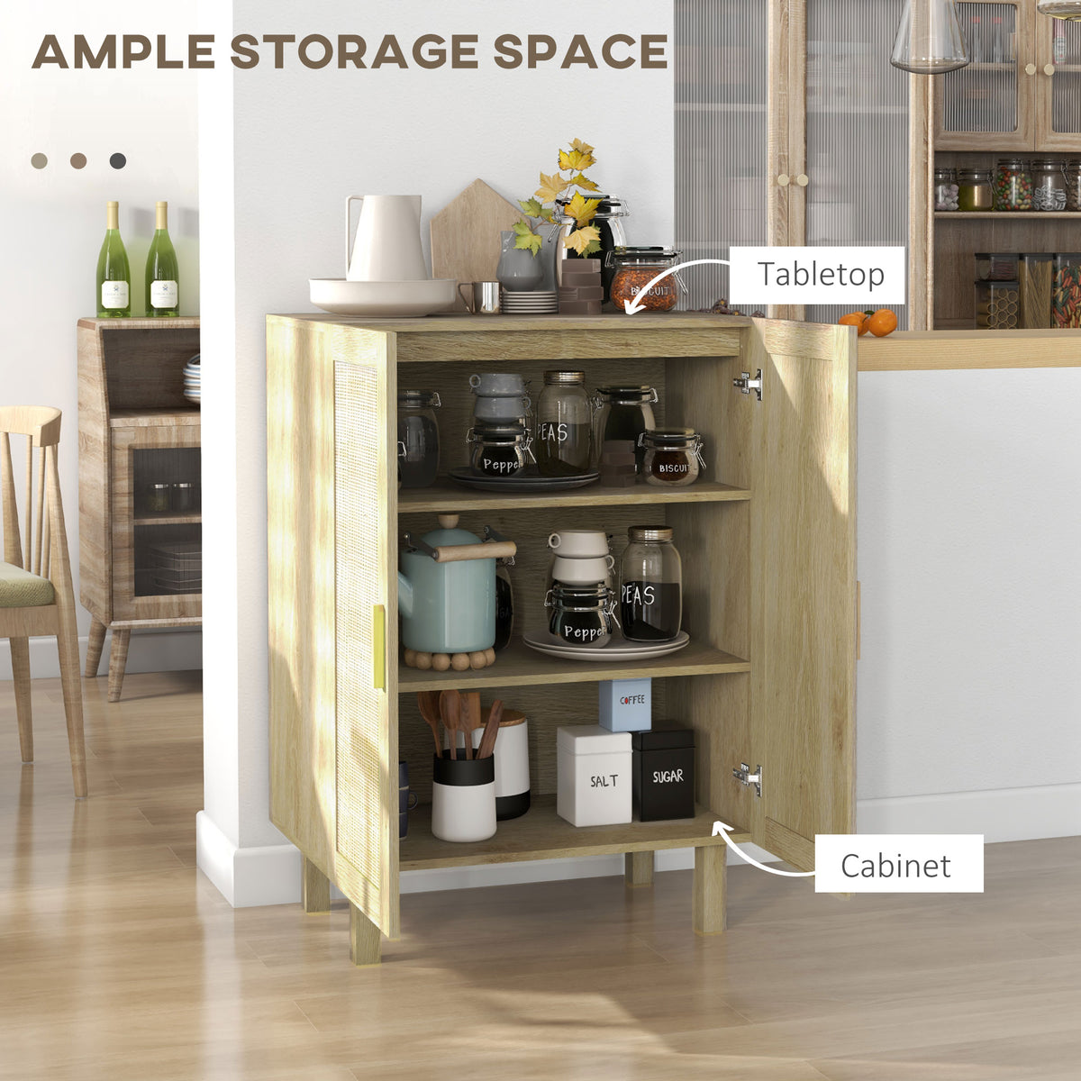 Boho Sideboard, Buffet Cabinet with Storage, Accent Cabinet with 2 Rattan Doors and Adjustable Shelves, Natural