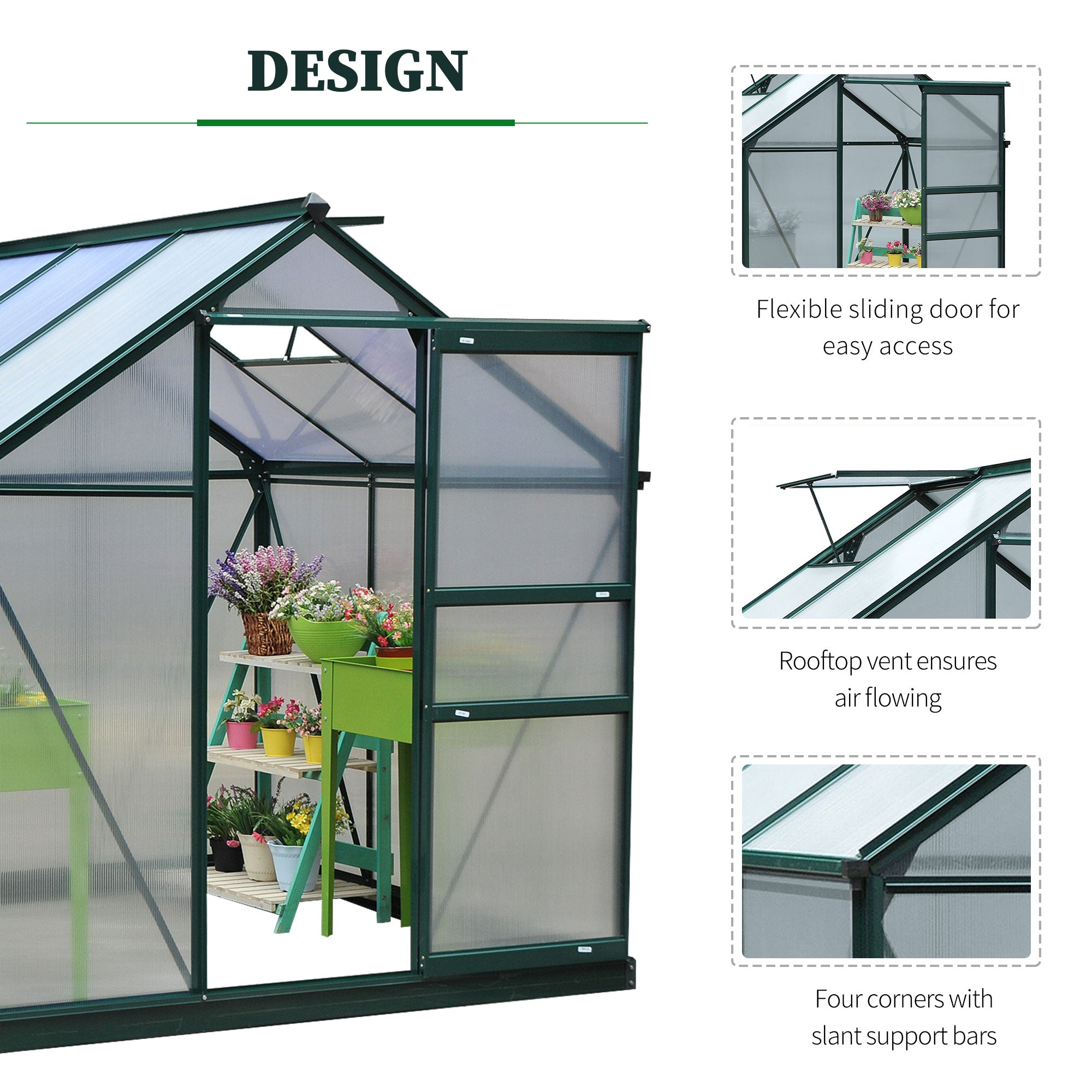 6.2' x 4.3' x 6.6' Clear Polycarbonate Greenhouse Large Walk-In Green House Garden Plants Grow Galvanized Base Aluminium Frame w/ Slide Door