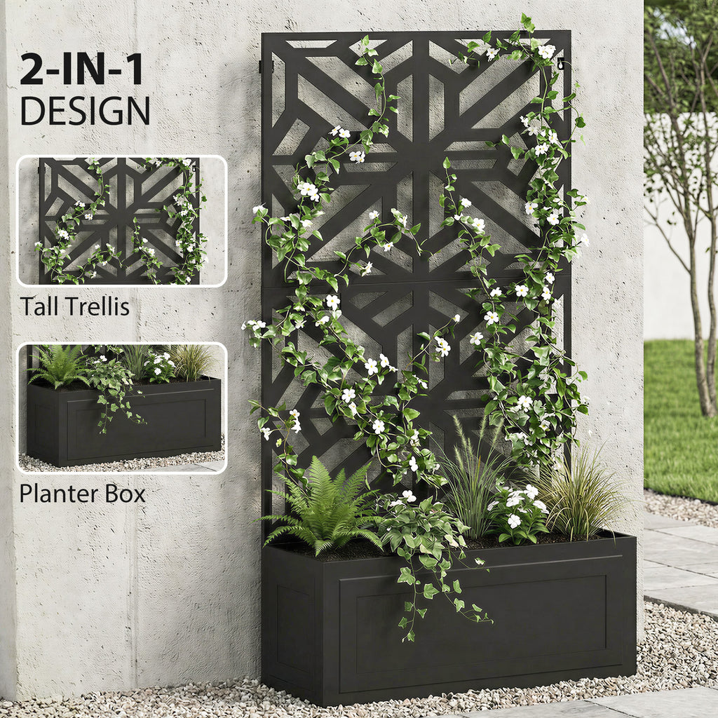 Metal Raised Garden Bed with Trellis for Climbing Plants, Freestanding or Wall Mounted Flower Bed with Privacy Panel
