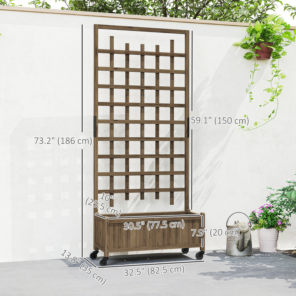 Wooden Planter with Trellis, Raised Garden Bed with Wheels, Drainage Holes for Climbing Plants, Flowers, Brown