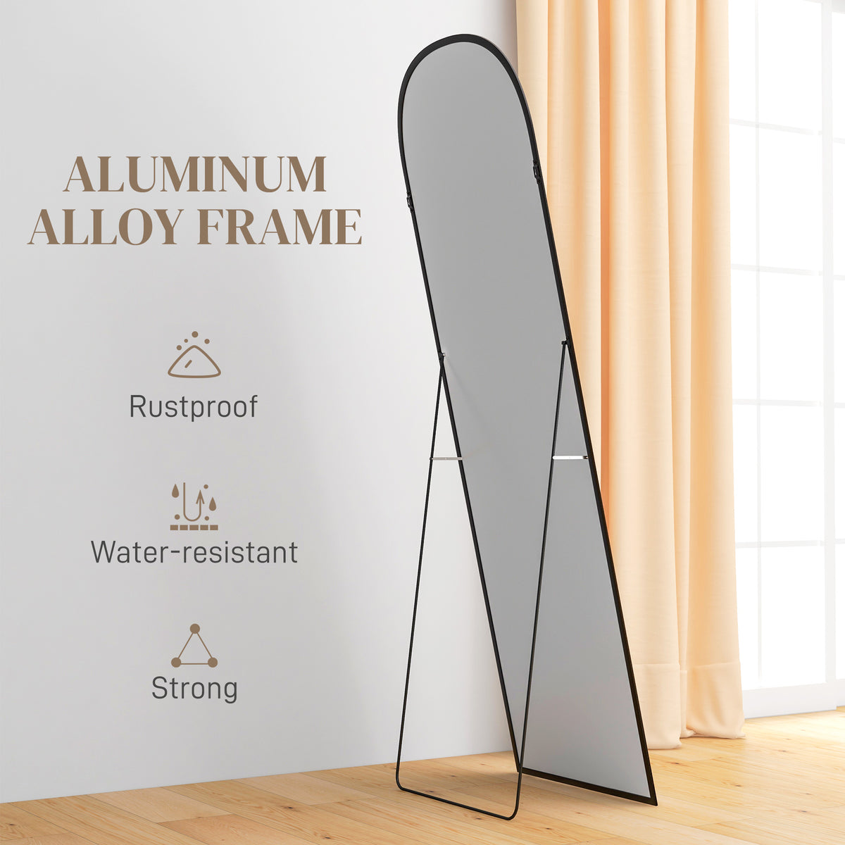 ርእሲ ዝተሓጸረ ደው ዝበለ መስታወት፣ 64" x 20" ምሉእ ንውሓት መስታወት፣ ንምድላይ ወይ ንግድግዳ ዝተሰንጠቐ ንሳሎን፣ ንድሕሪት ክፍሊ፣ ጸሊም