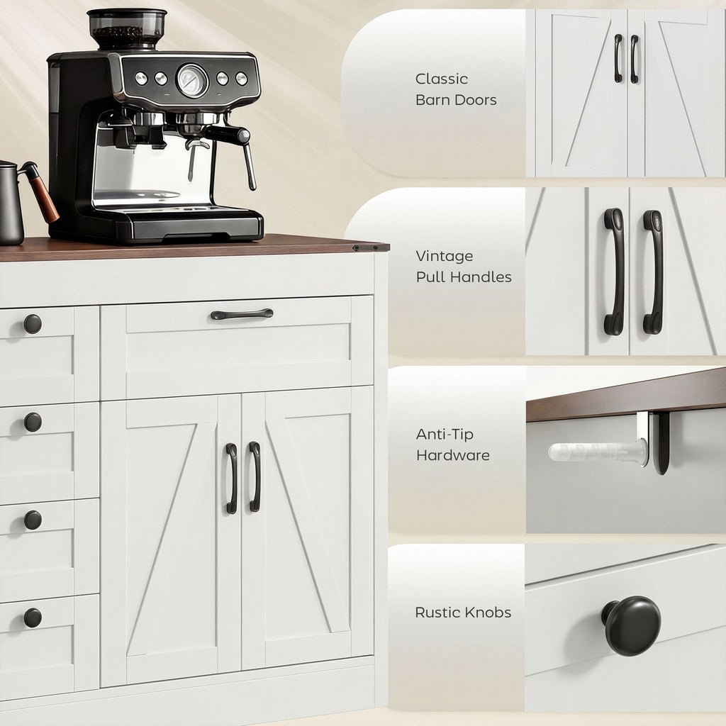 Sideboard Buffet Cabinet, 55" Farmhouse Kitchen Cabinet with 4 Barn Doors, 6 Drawers and 2 Adjustable Shelves, White