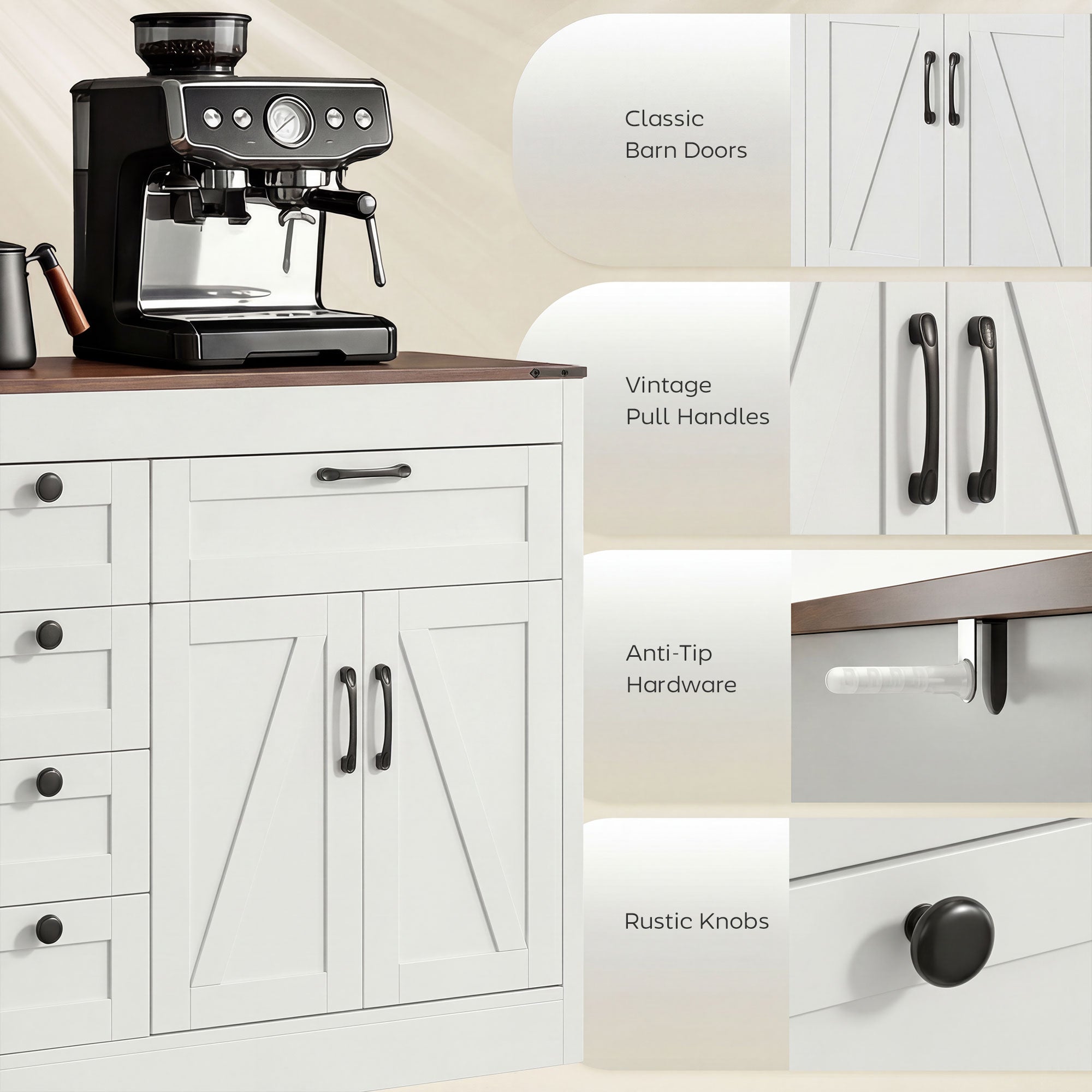 Sideboard Buffet Cabinet, 55" Farmhouse Kitchen Cabinet with 4 Barn Doors, 6 Drawers and 2 Adjustable Shelves, White