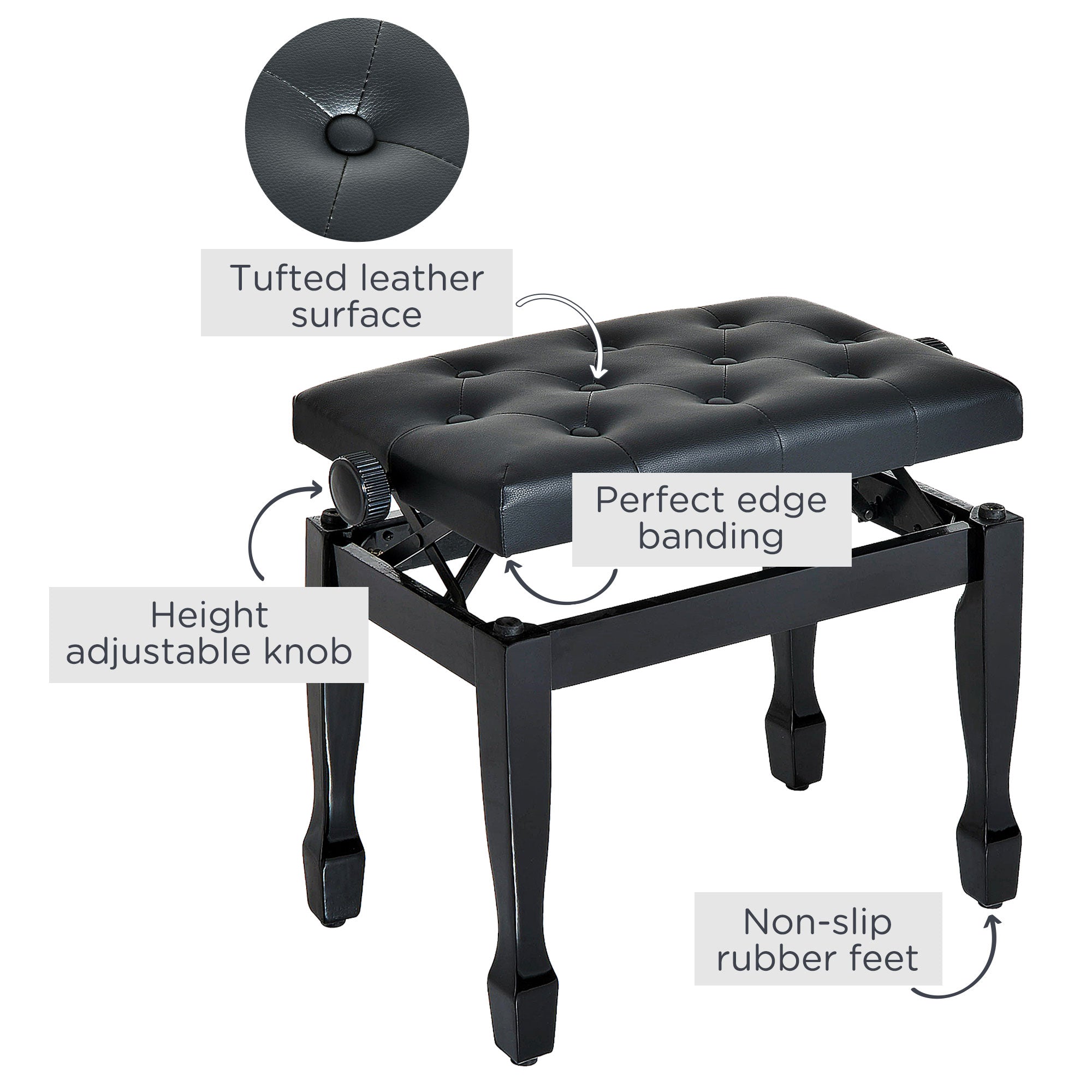 25" Adjustable Height Piano Bench with Padded Cushion, Keyboard Seat with Solid Wood Legs, Black