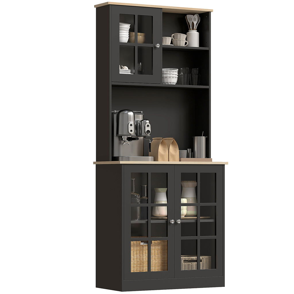 Kitchen Buffet with Hutch, Storage Pantry with 3 Cabinets, 2 Open Shelves and Large Countertop, Black