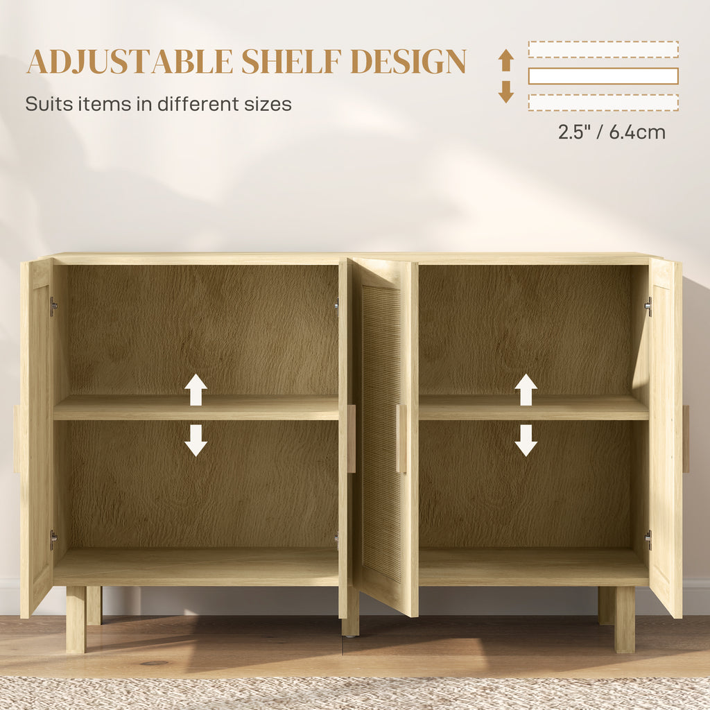 Boho Sideboard Buffet Cabinet, Storage Cabinet with 4 Rattan Doors and Adjustable Shelves, Natural