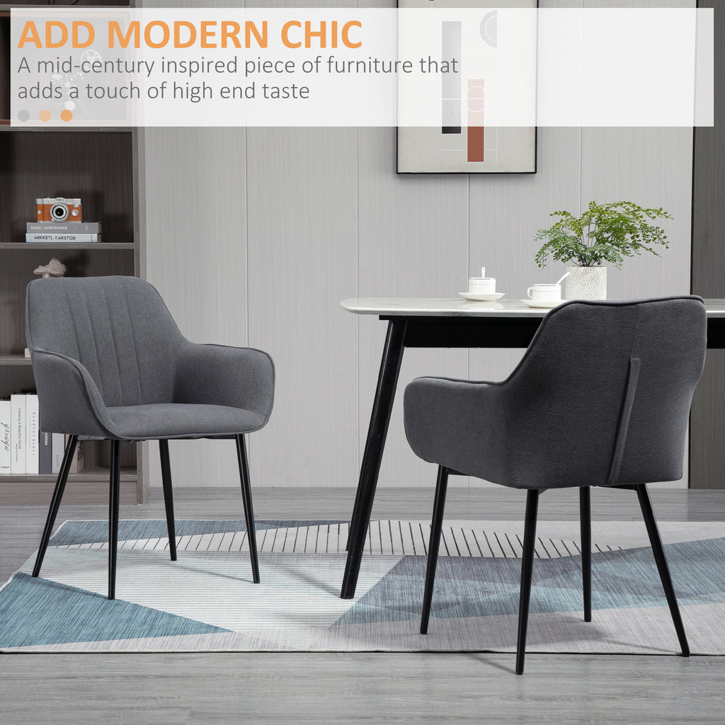 Dining Chairs Set of 2, Linen Upholstery Accent Chair with Back, Armrest, Metal Legs, Dark Grey