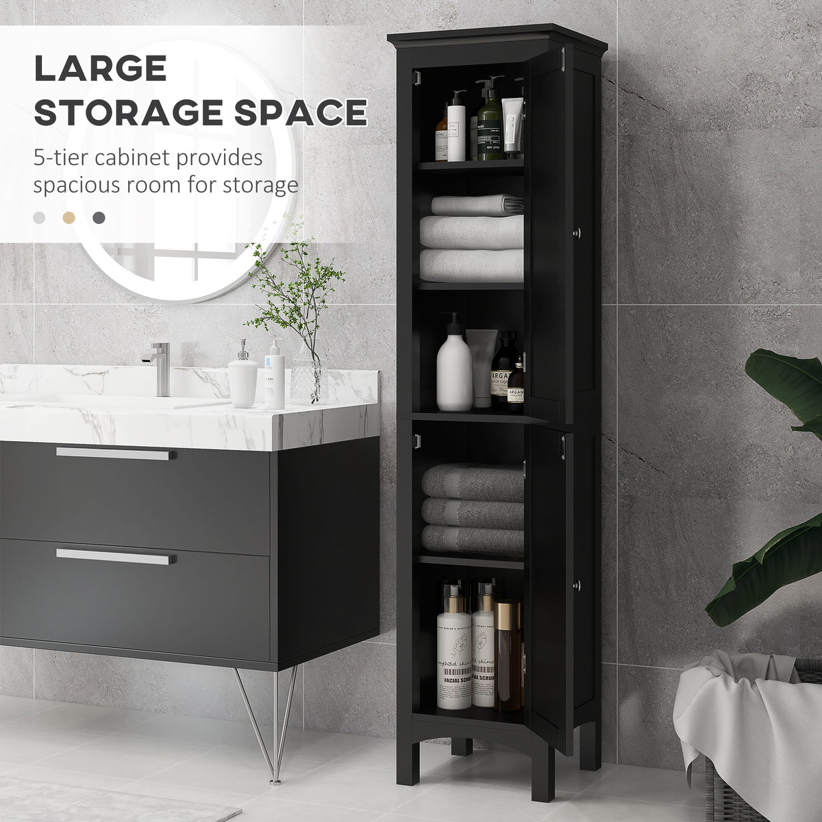 Tall Bathroom Cabinet, Freestanding Storage Organizer with Adjustable Shelves and Cupboards, 15" x 13" x 63", White