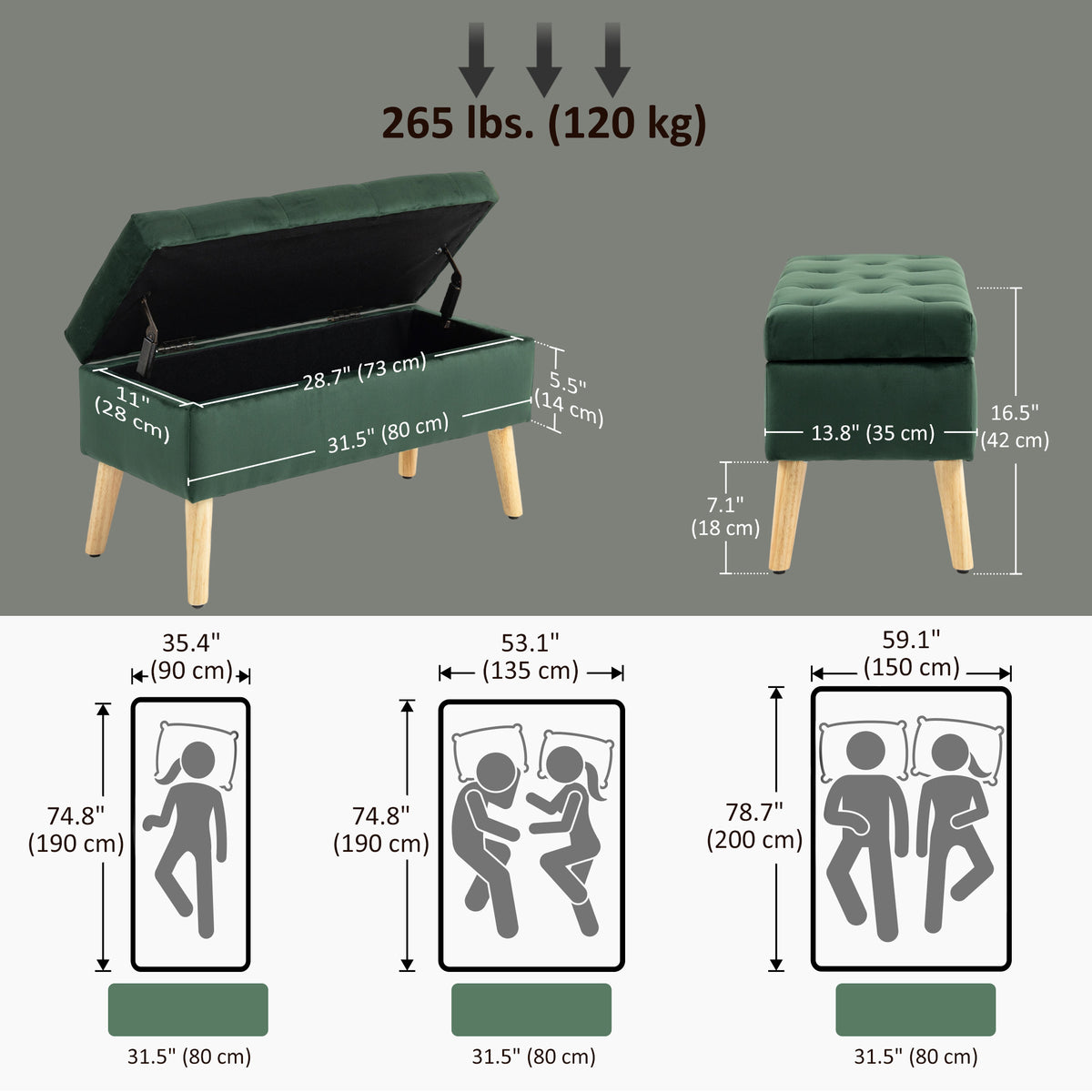 Storage Ottoman with Lid, Velvet Upholstered Storage Bench with Wood Legs for Living Room, Dark Green