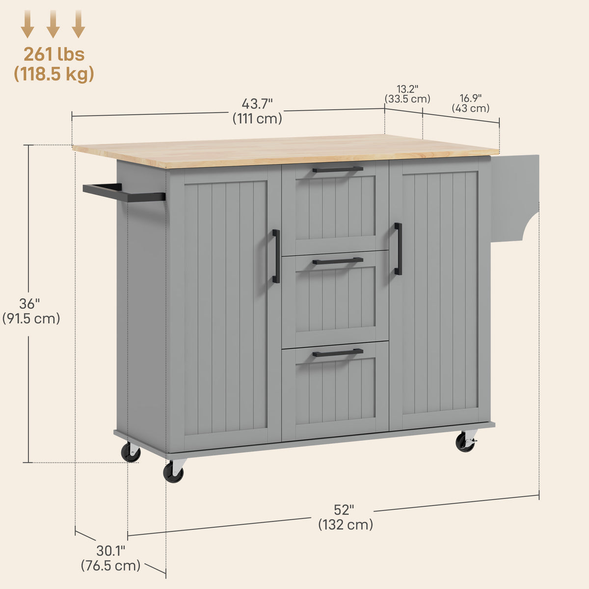 Rolling Kitchen Cart on Wheels with Drop Leaf, Kitchen Island with 3 Drawers, Solid Wood Top and Towel Rack, White