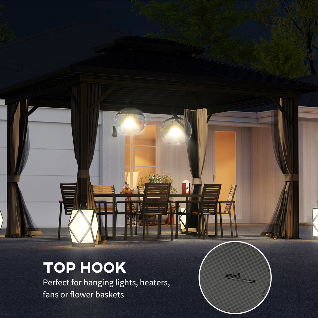 10' x 10' Hardtop Gazebo, Sun Shelter with Double Tier Metal Roof, Mosquito Netting, and Hanging Hook, Dark Brown