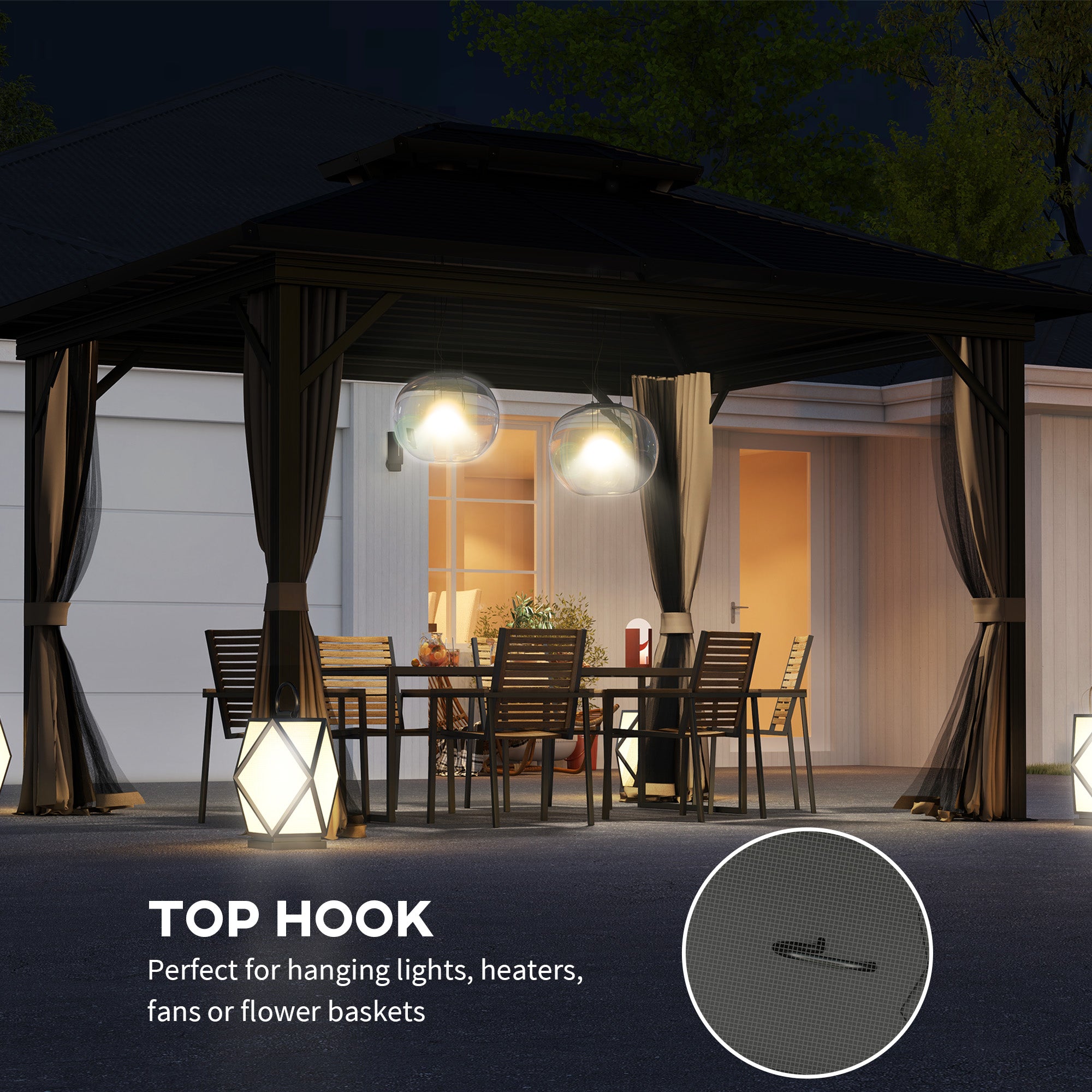10' x 10' Hardtop Gazebo, Sun Shelter with Double Tier Metal Roof, Mosquito Netting, and Hanging Hook, Dark Brown