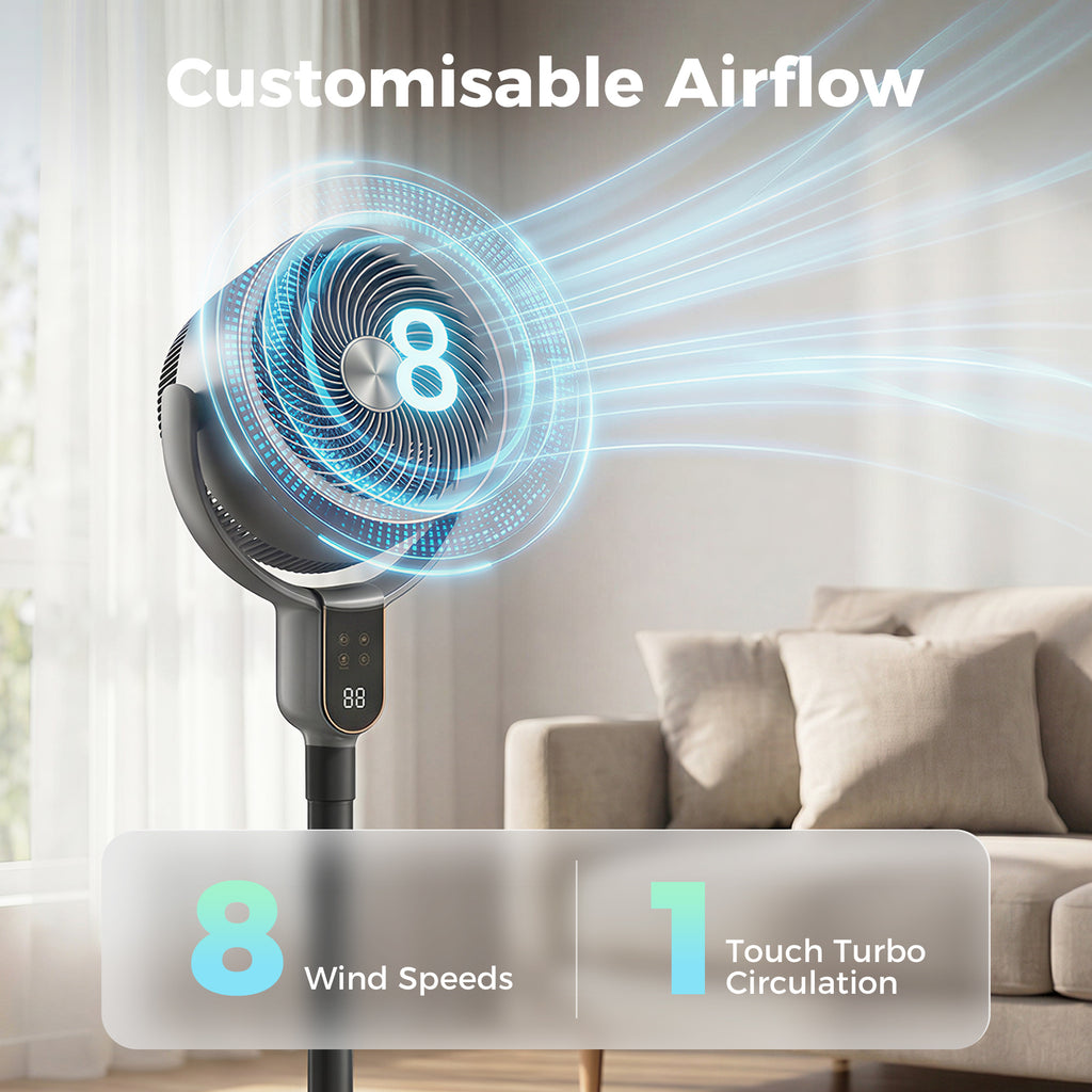 20dB Standing Fan for Bedroom, 70°+90° Auto Oscillating Fan with 8 Speeds, Remote Control, 12H Timer, Adjustable Height