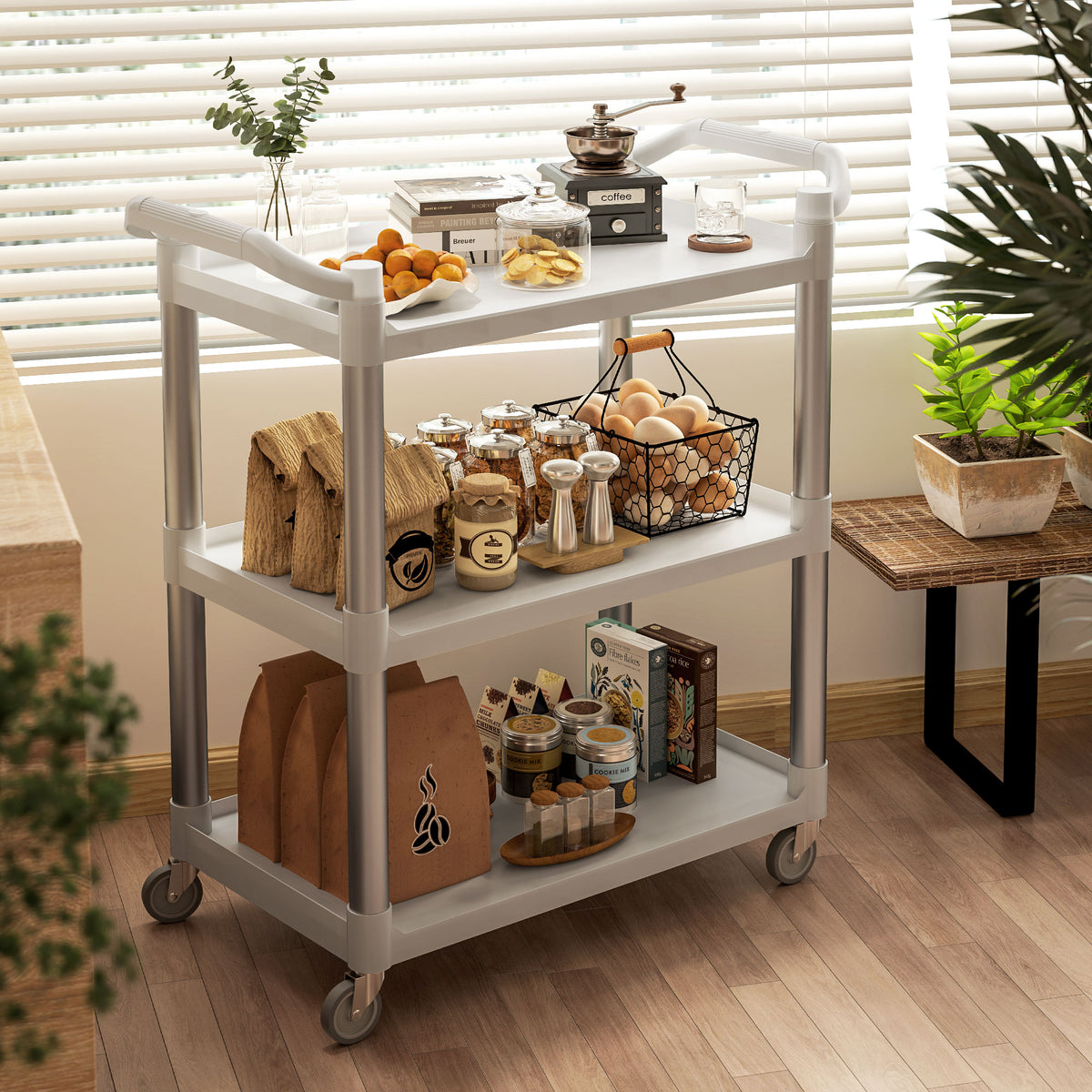 3-Tier Utility Cart Rolling Storage Trolley with 3 Shelves, Silver and White