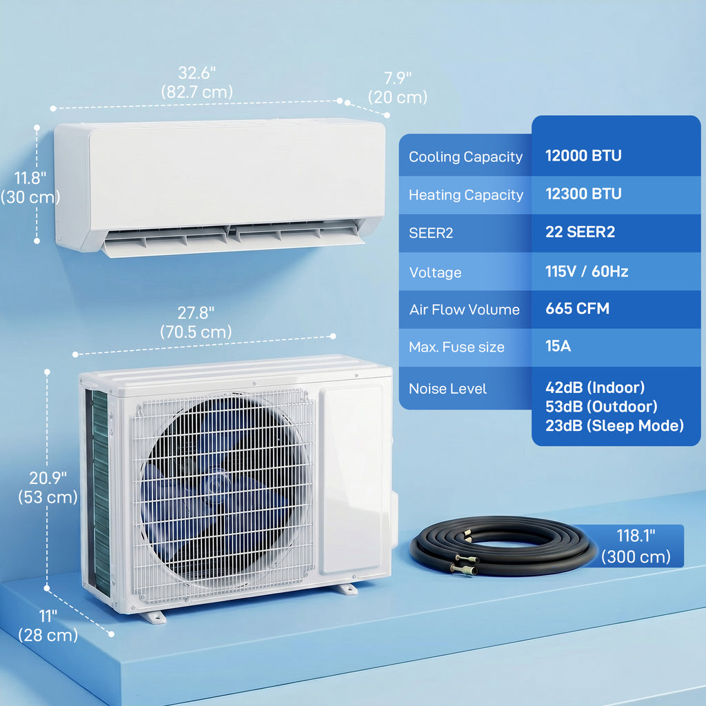 12000 BTU ሚኒ ስፕሊት ኣየር ኮንዲሽነር፣ 22 SEER2 115V ዋይፋይ ዘምህል ኢንቨርተር ኤሲ ዩኒትን ሙቐት ፓምፕን ክሳብ 750 ካሬ ጫማ ዘምስል