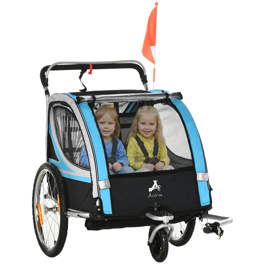 Aosom 2 Seat Bike Trailer for Kids 2-in-1 Double Baby Stroller with Handbrake, Rubber Wheels, 5 Point Harness, Waterproof Cover, Storage Bag, Reflectors, Green