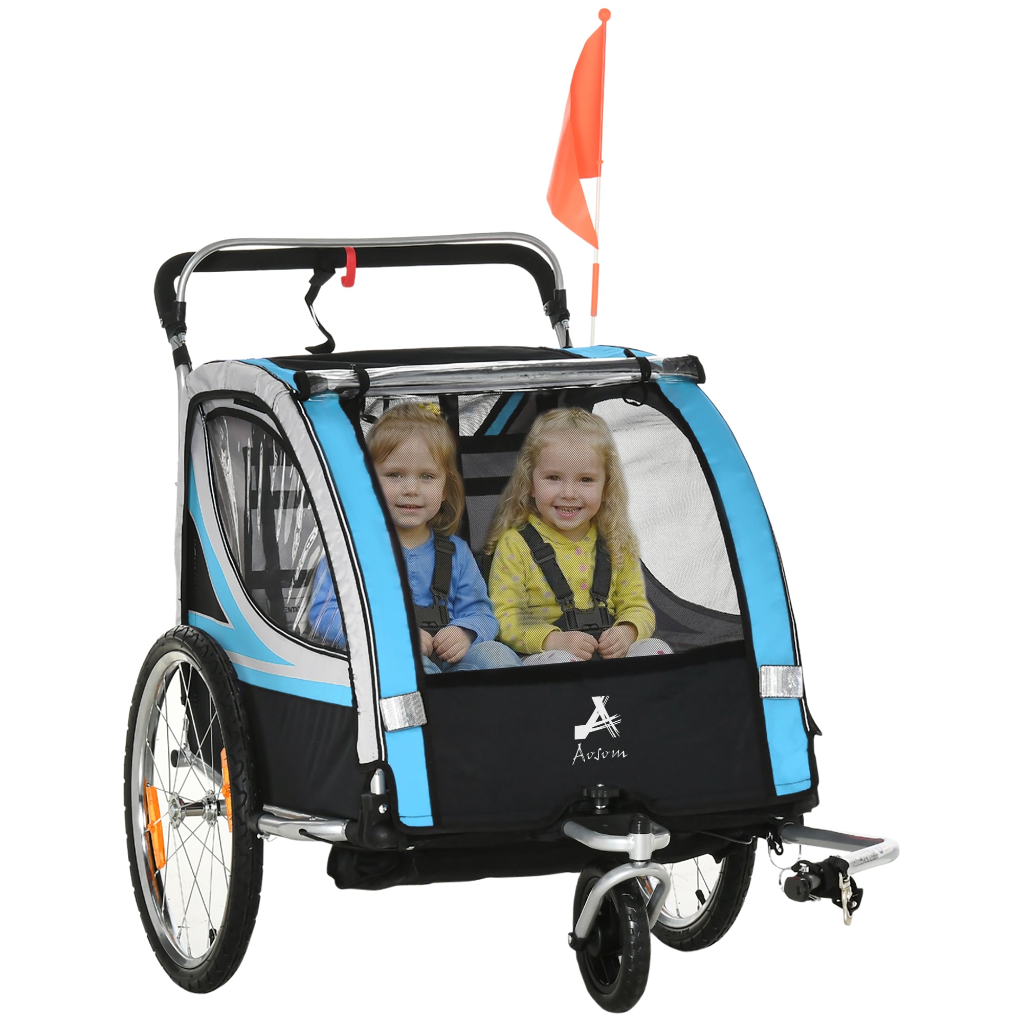 Aosom 2 Seat Bike Trailer for Kids 2-in-1 Double Baby Stroller with Handbrake, Rubber Wheels, 5 Point Harness, Waterproof Cover, Storage Bag, Reflectors, Green