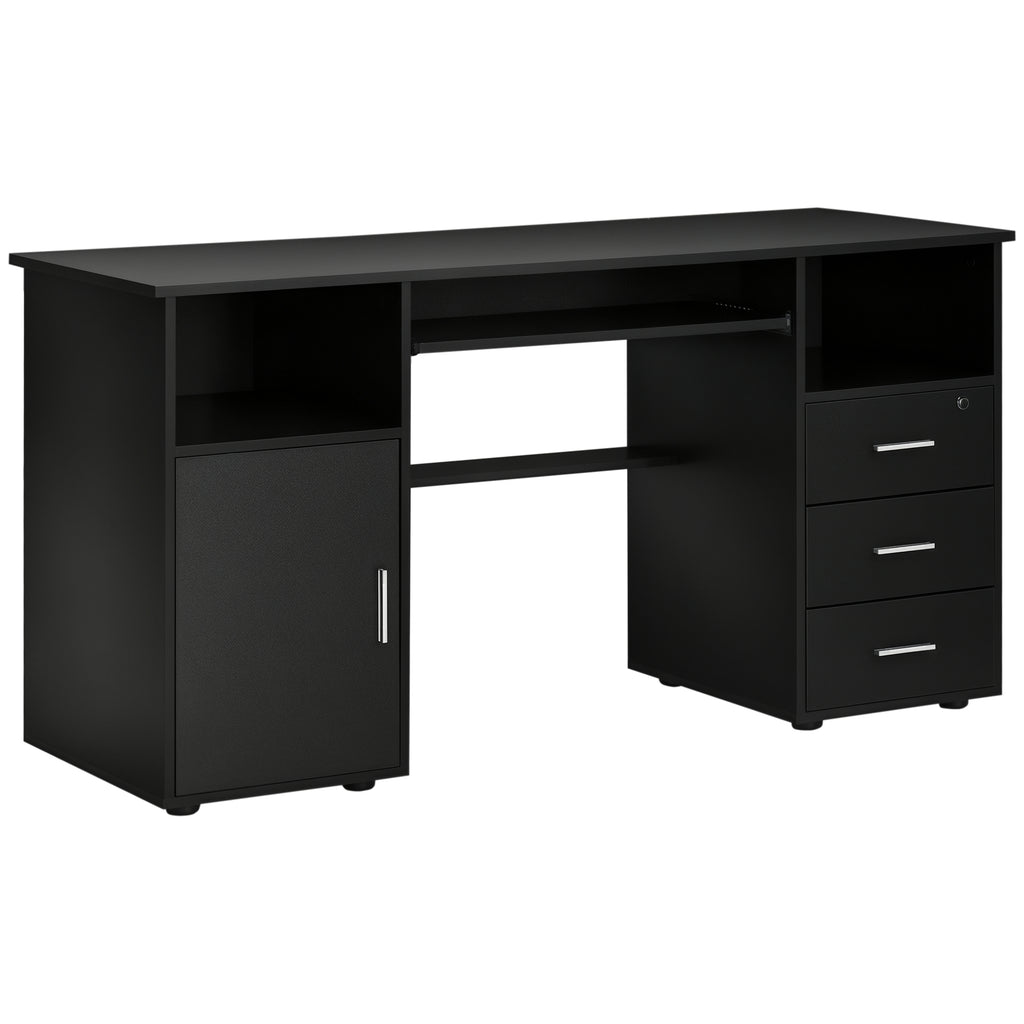 57" Computer Desk with Drawers, Home Office Desk with Keyboard Tray, Open Shelves and Lockable Drawer, Writing Workstation for Study, Black