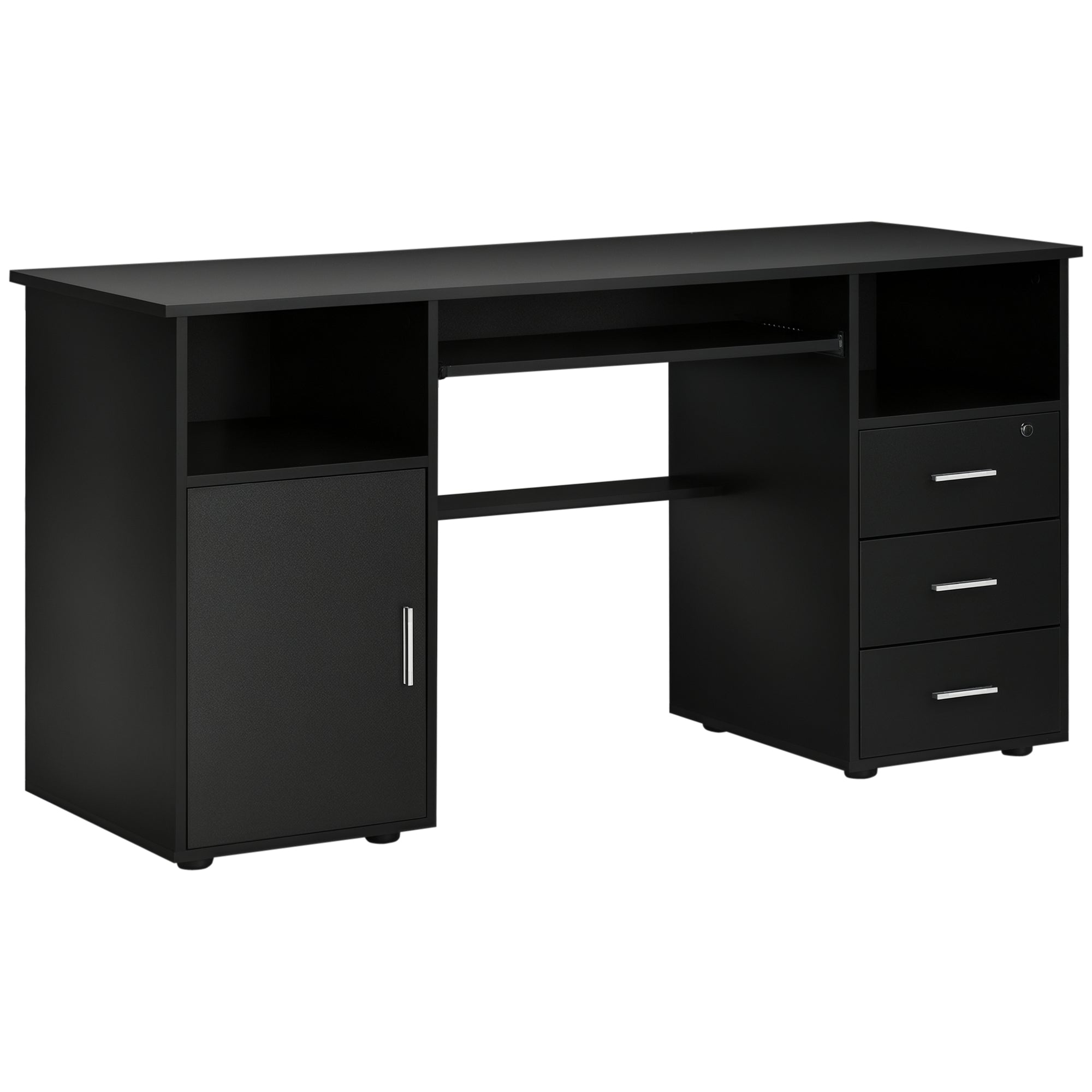 57" Computer Desk with Drawers, Home Office Desk with Keyboard Tray, Open Shelves and Lockable Drawer, Writing Workstation for Study, Black
