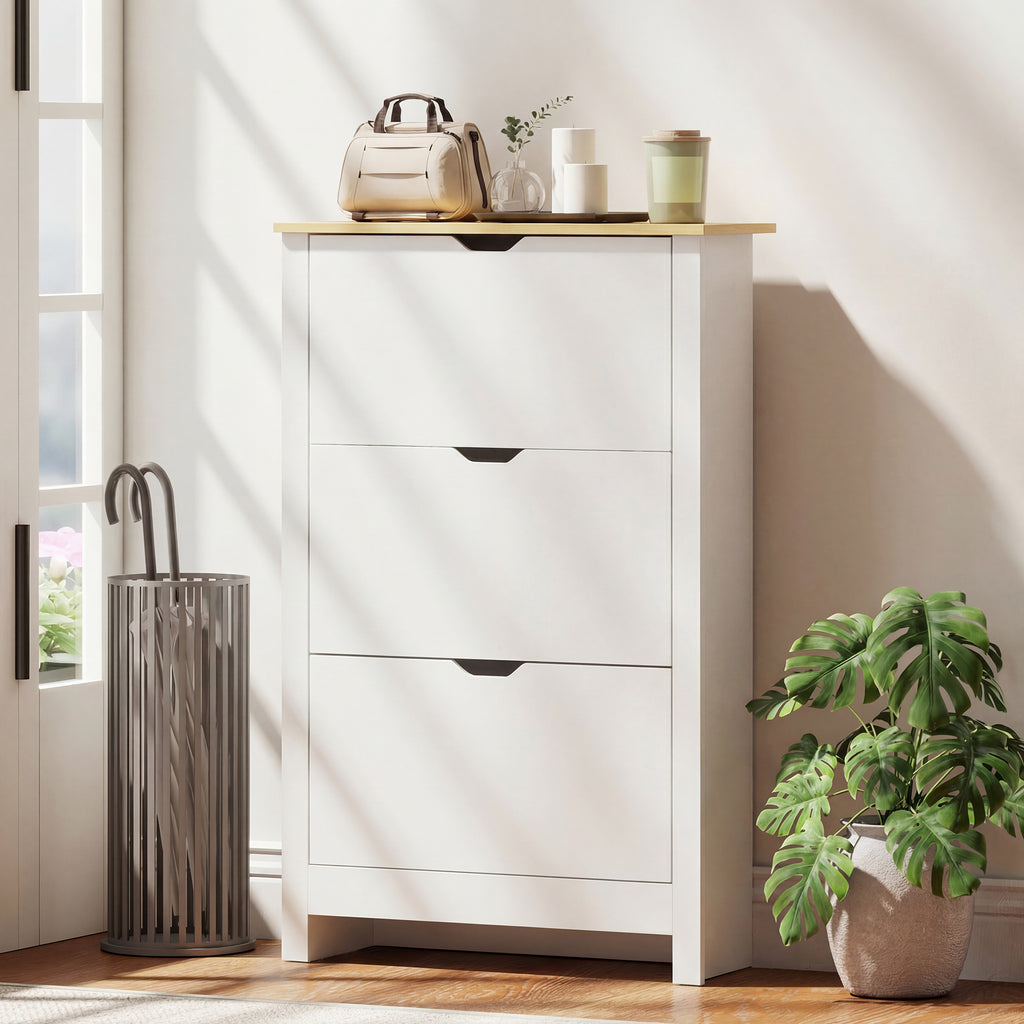 Shoe Storage Cabinet with 2 Flip Drawers and Adjustable Shelves for 6-12 Pairs of Shoes, White