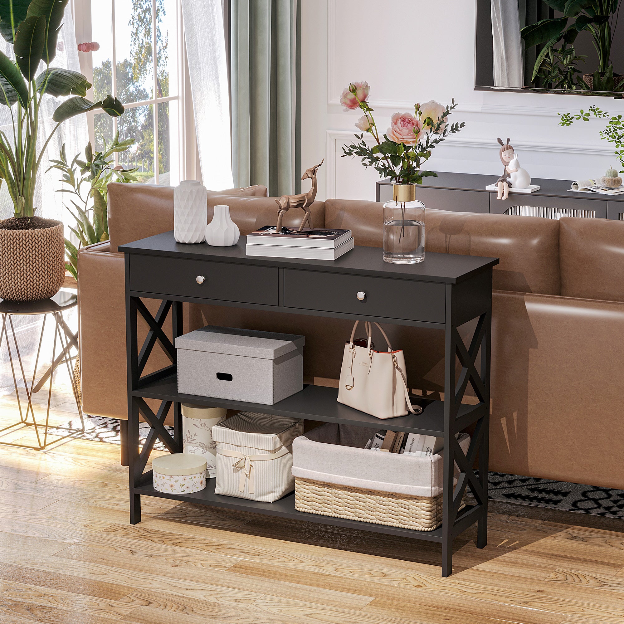 39" Console Table, Narrow Entryway Table with Storage Shelves, Drawers and X Frame for Behind Couch, Living Room, Hallway, Black