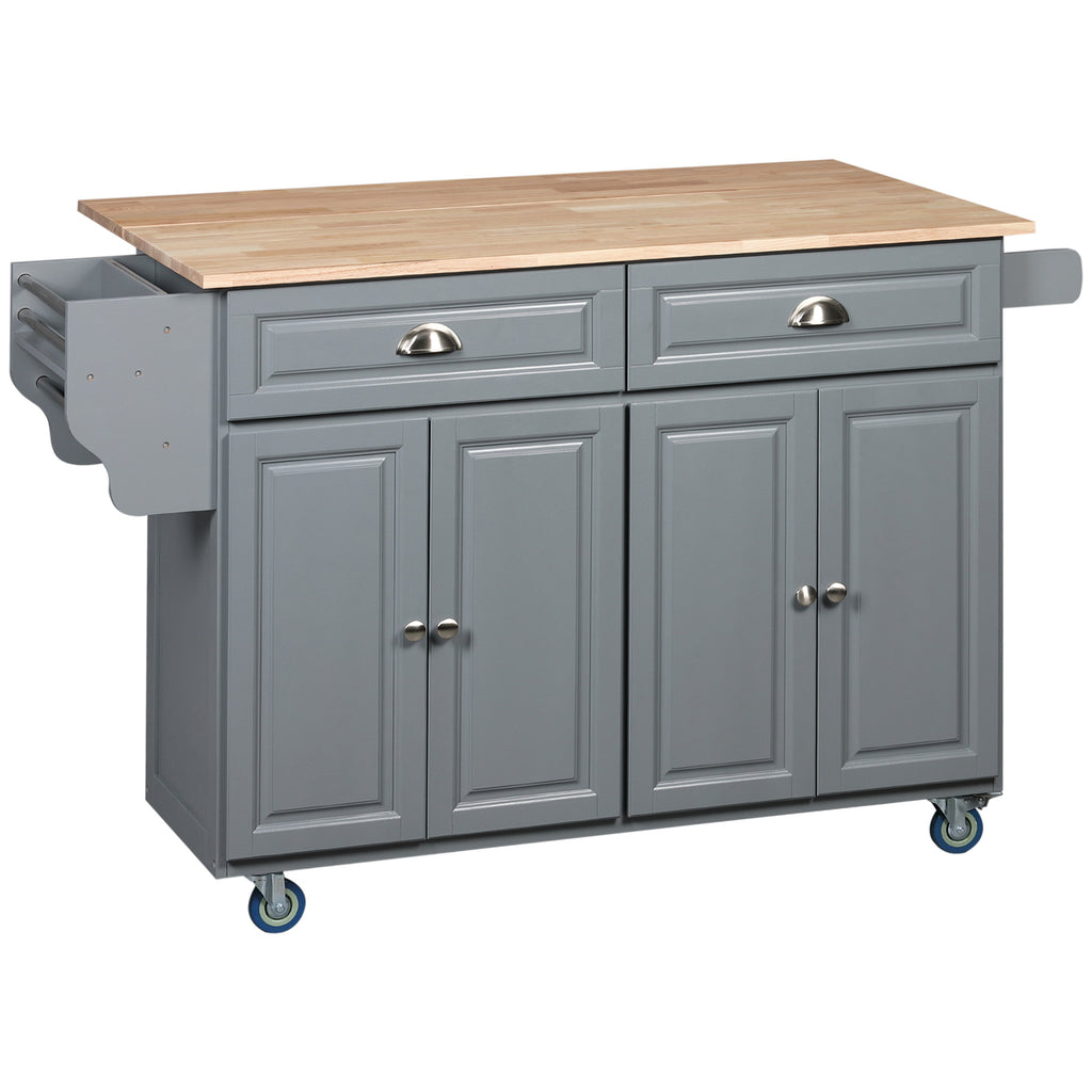 Kitchen Island with Storage, Rolling Kitchen Island with Drop Leaf, Rubber Wood Top and Adjustable Shelves, White