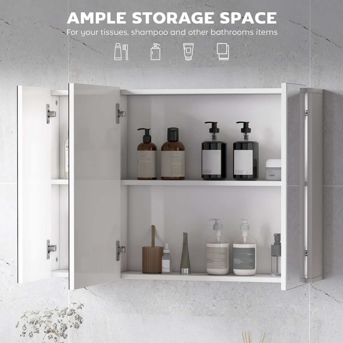 28" x 24" Wall Mounted Mirror Cabinet, Bathroom Medicine Cabinet with Mirror, 3 Doors and Adjustable Shelves, White