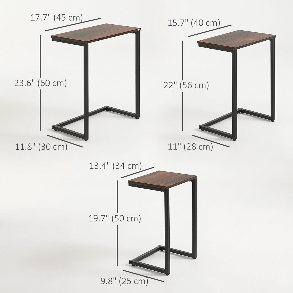 Nesting Coffee Table Set of 3, Stackable Rectangular End Tables with Wood-Effect Top, Metal Frame, Industrial & Rustic C-Shaped for Small Space, Living Room, Rustic Brown