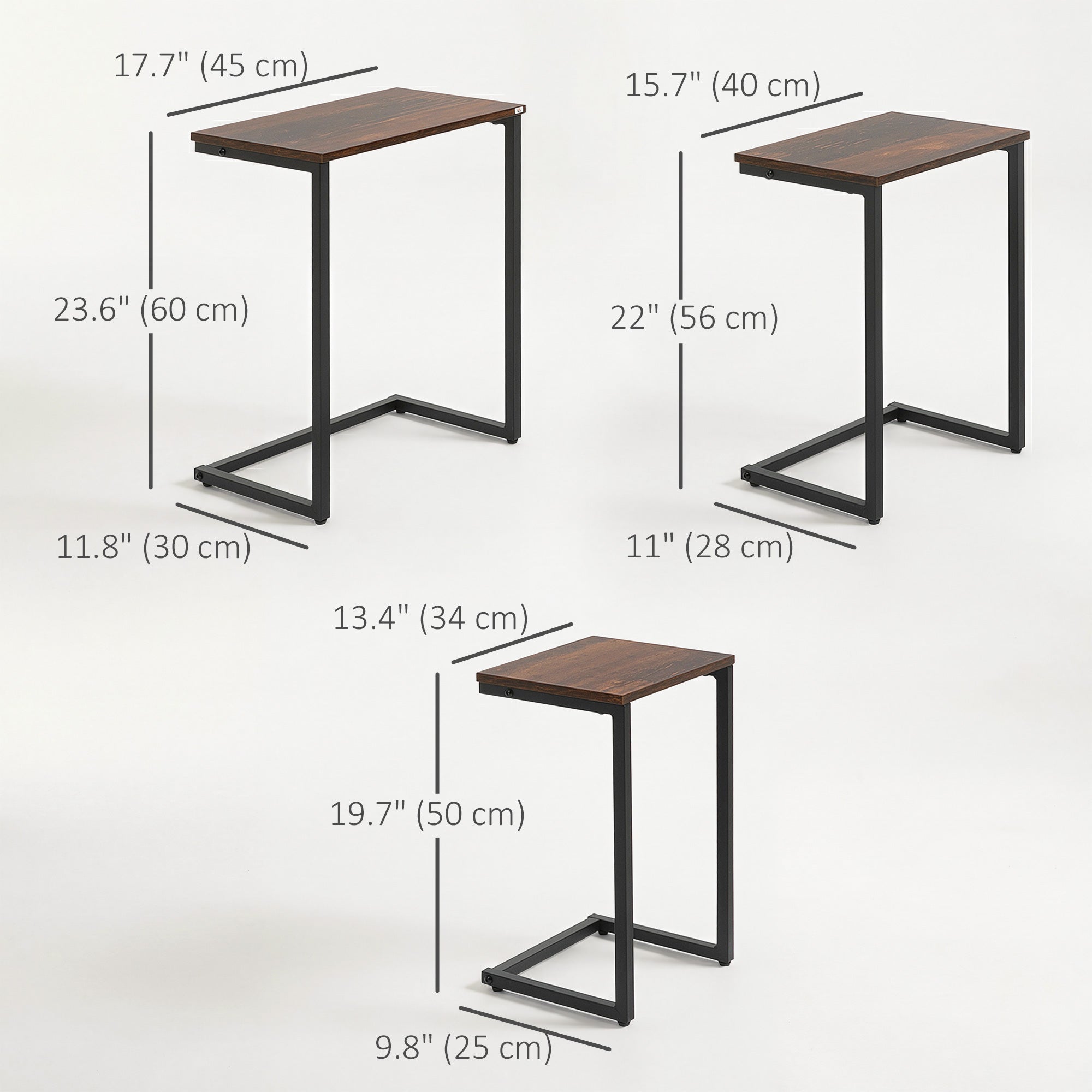 Nesting Coffee Table Set of 3, Stackable Rectangular End Tables with Wood-Effect Top, Metal Frame, Industrial & Rustic C-Shaped for Small Space, Living Room, Rustic Brown