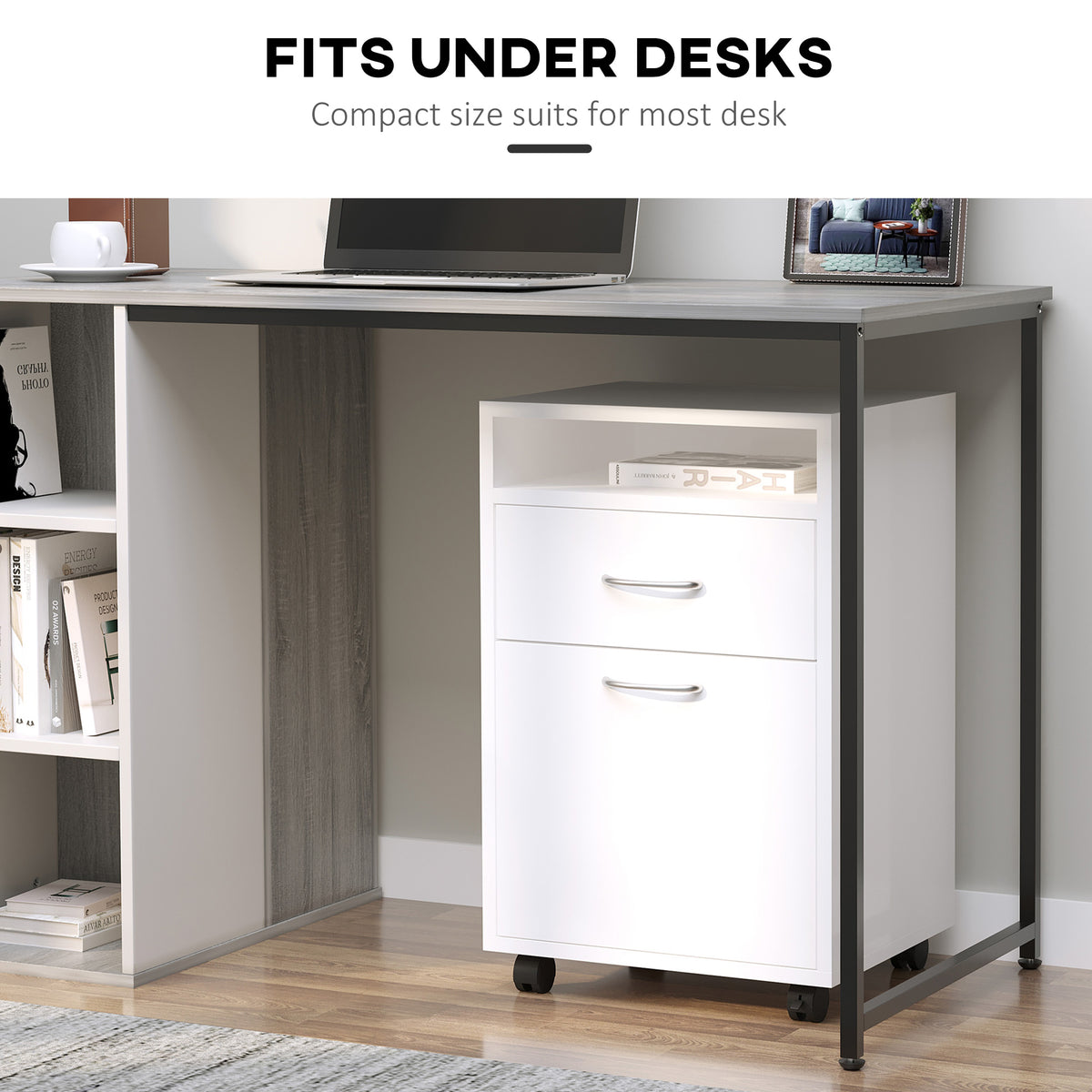 24" Small Filing Cabinet with Open Compartment, Drawer and Wheels, Home Office Storage Cabinet, Black