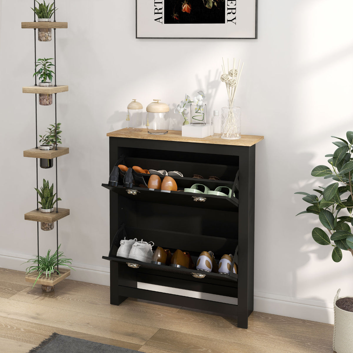 Small Shoe Cabinet with 2 Flip Drawers and Adjustable Shelves, 12 Pair Shoe Storage Organizer for Hallway, Black