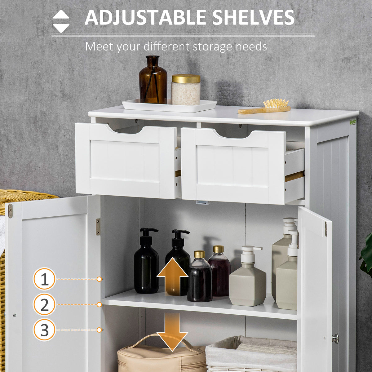 Bathroom Cabinet, Bathroom Storage Cabinet with 2 Drawers, Adjustable Shelf for Living Room, Entryway, White