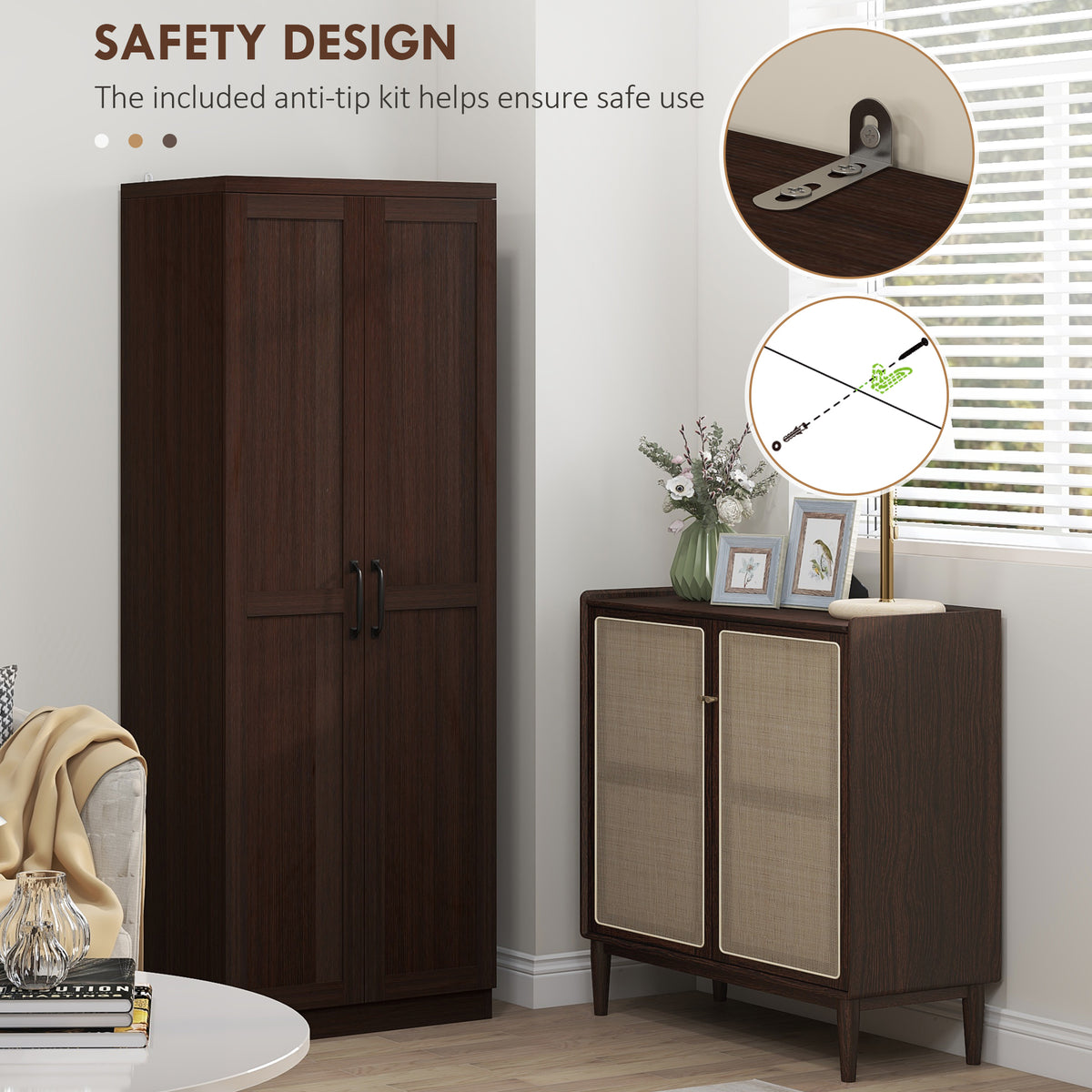 63" Kitchen Storage Cabinet, 5-tier Pantry Cabinet with Doors and Adjustable Shelves for Dining Room, Dark Brown