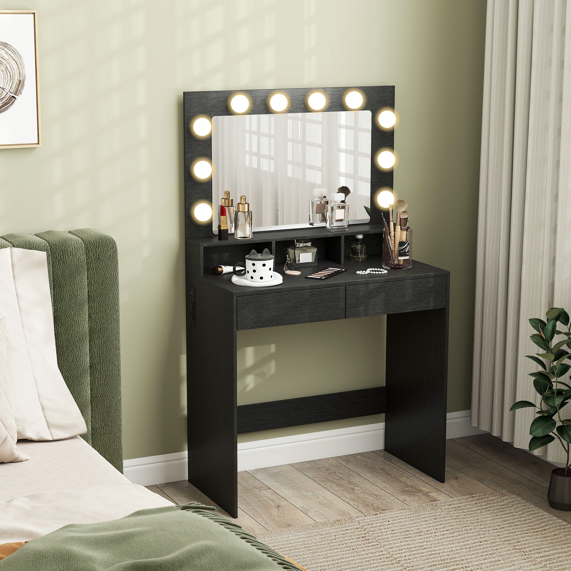 Vanity Table, Makeup Dressing Table with LED Lighting Mirror, Charging Station and Drawers for Bedroom, Black