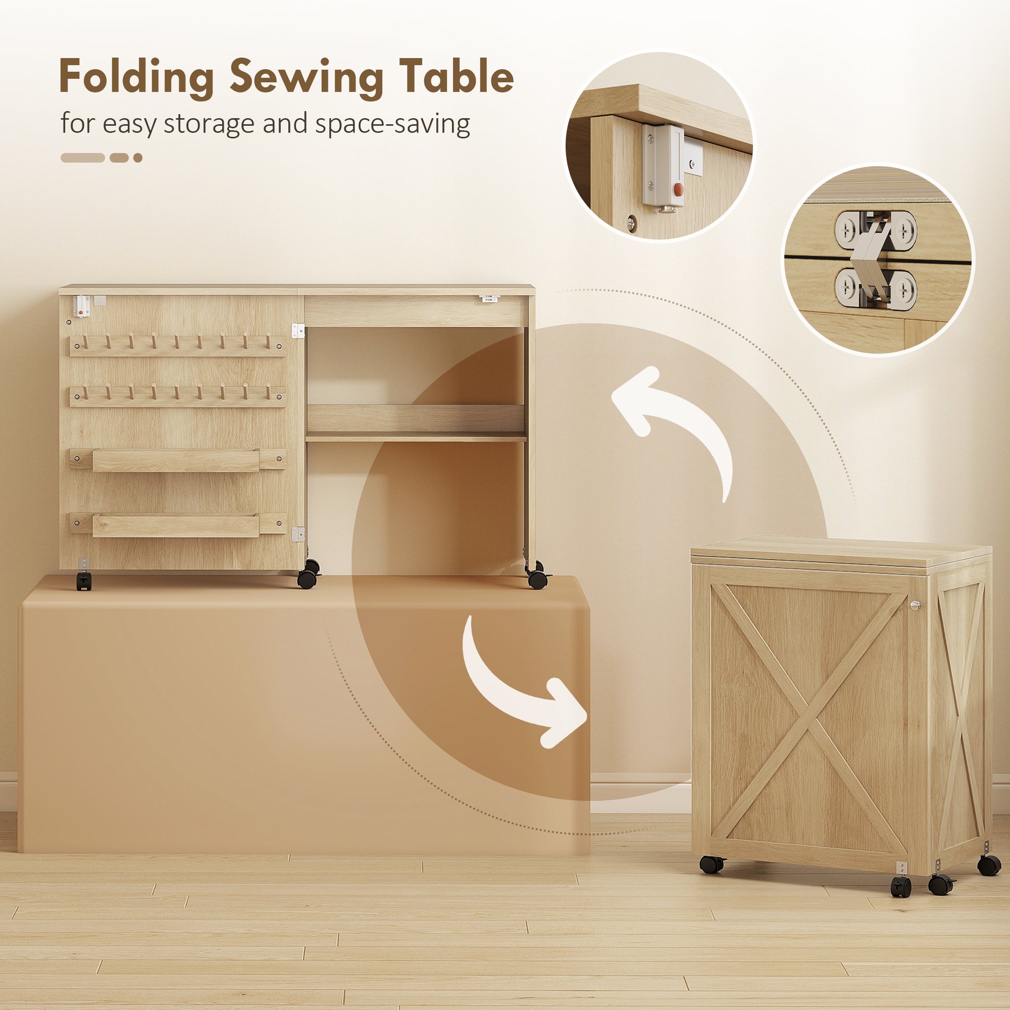 Sewing Machine Table on Wheels, Folding Craft Table with 2 Bins, Storage Shelf, 18 Pegs, Lockable Wheels, Natural