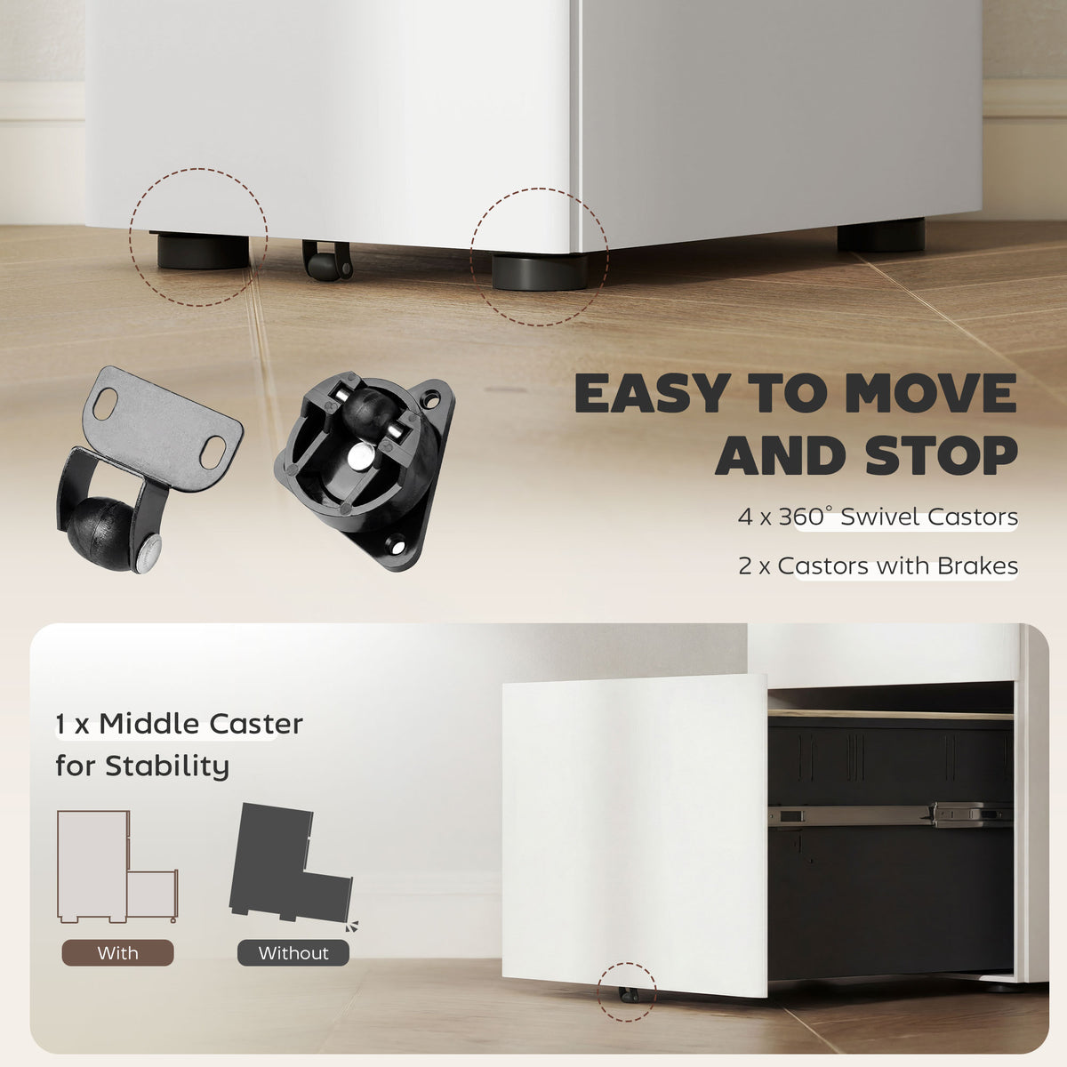 3 Drawer Filing Cabinet, Steel Home Office Storage Cabinet with Wheels, Lock for A4, Letters, Legal-sized Files, White